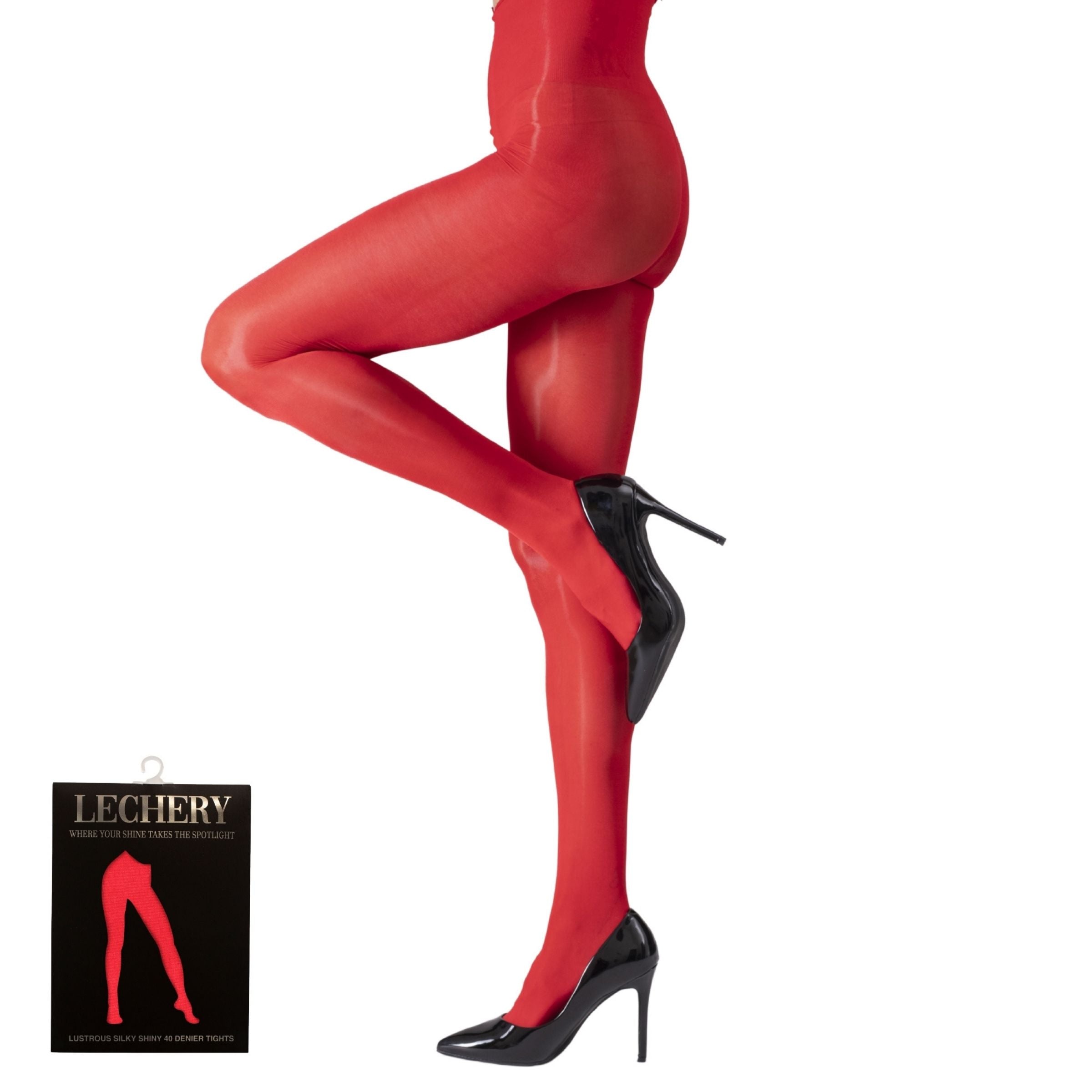 LECHERY® LUSTROUS SILKY SHINY 40 DENIER SEMI-OPAQUE PANTYHOSE TIGHTS • RED
