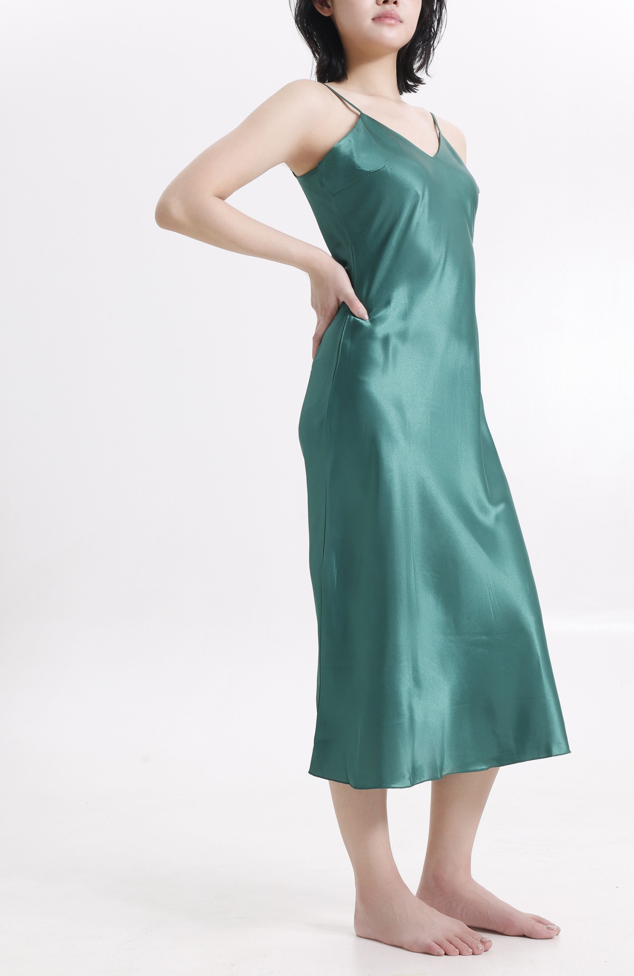LECHERY® LUSTROUS SILKY SHINY SATIN SLIP DRESS • GREEN