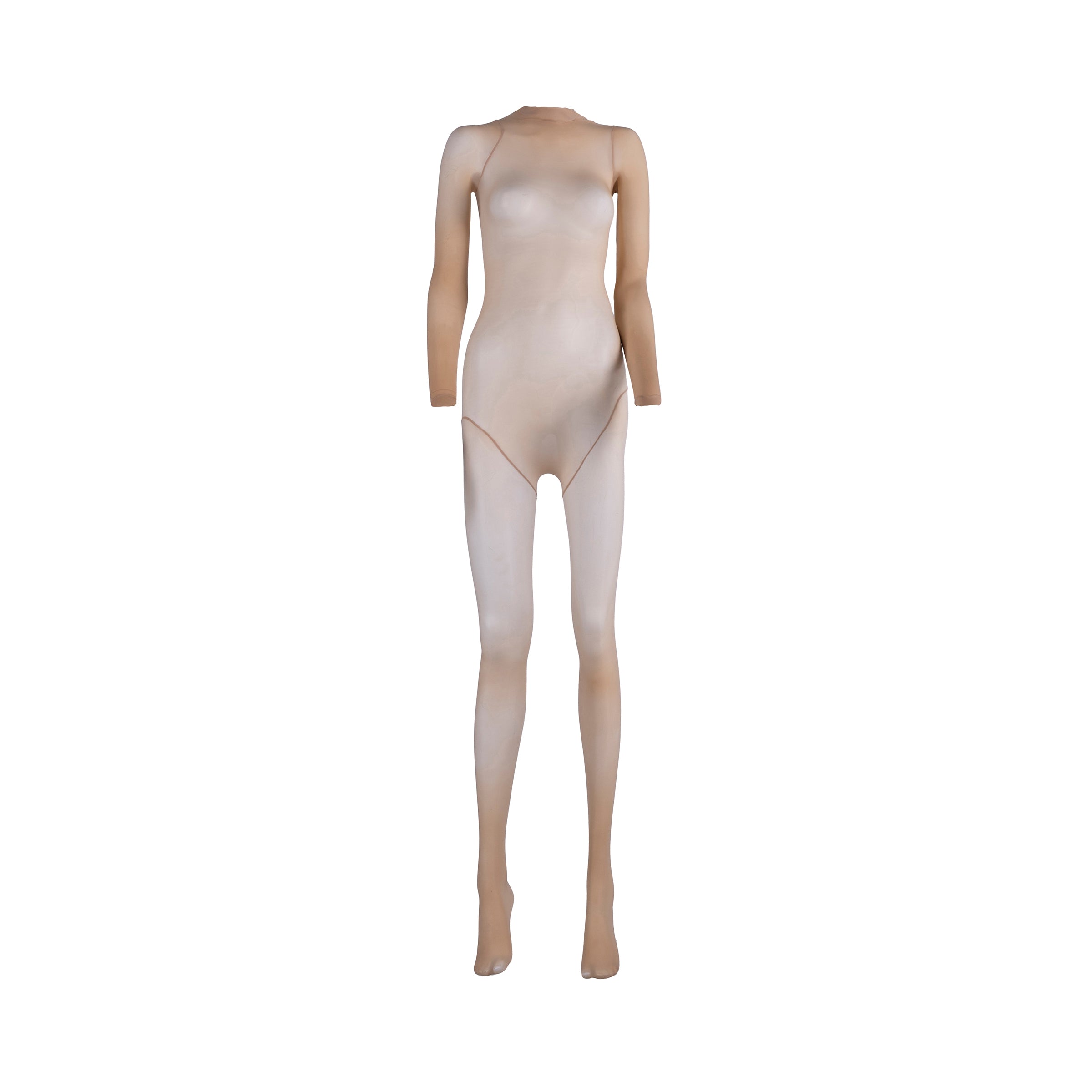 Sheer beige bodysuit on a white background