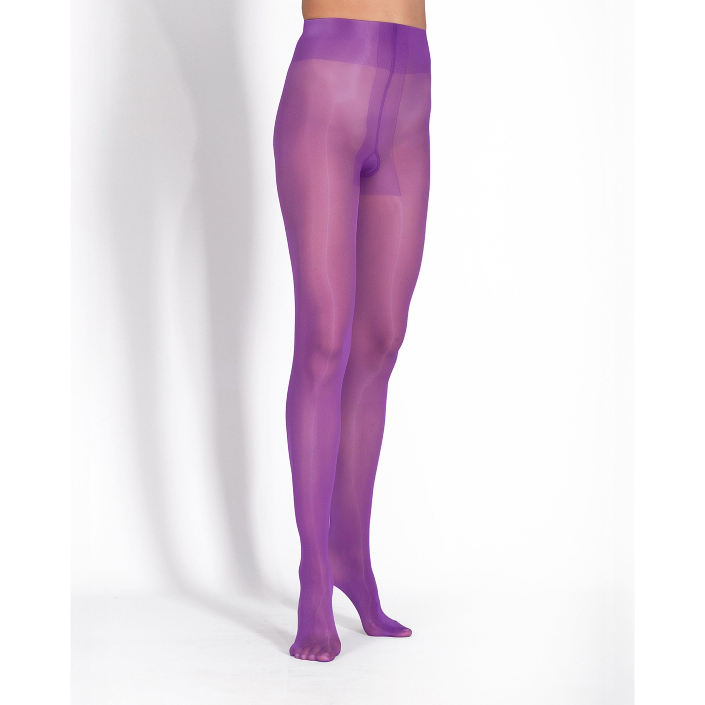 Purple tights worn by a person on a white background