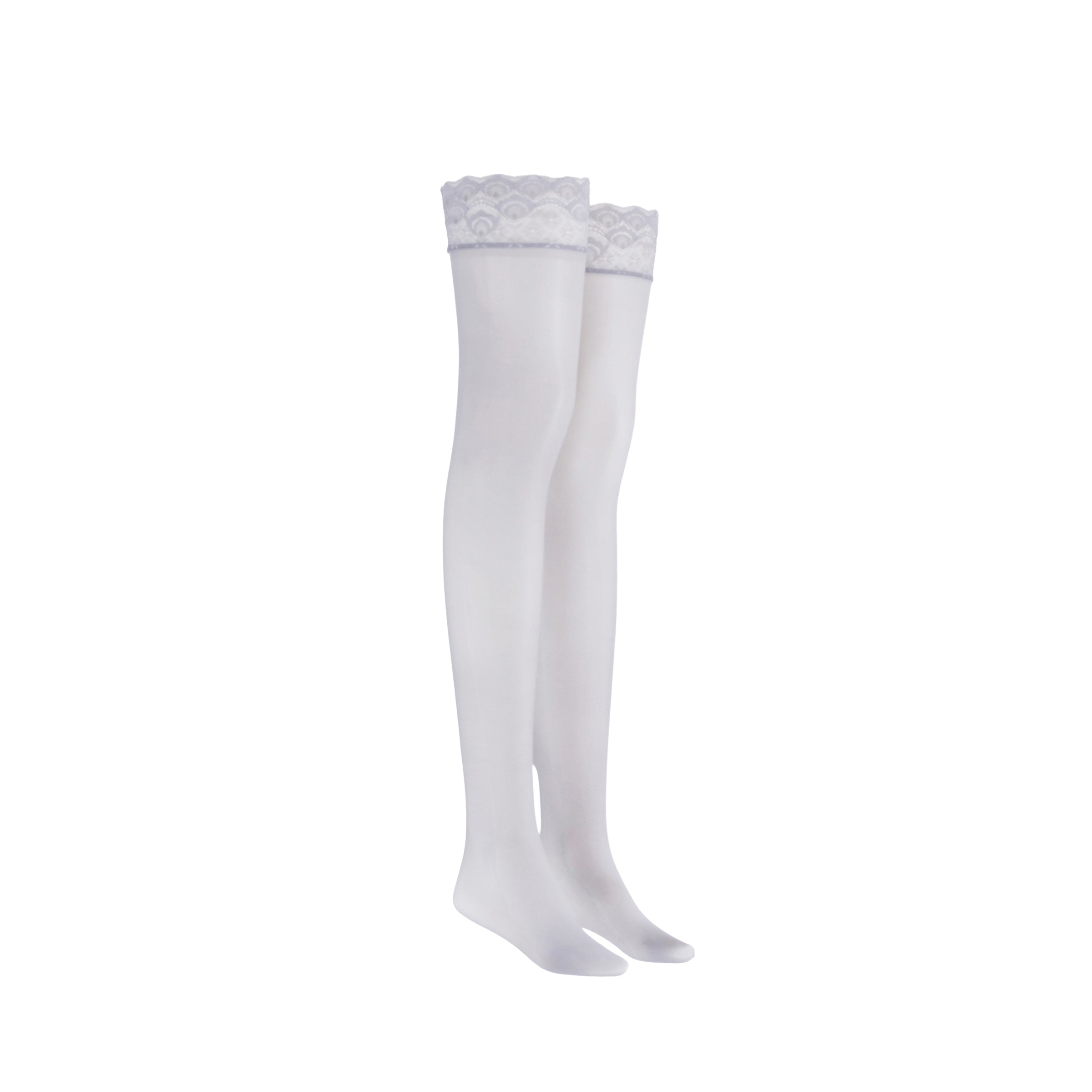 Grey knee-high socks with lace top on a white background