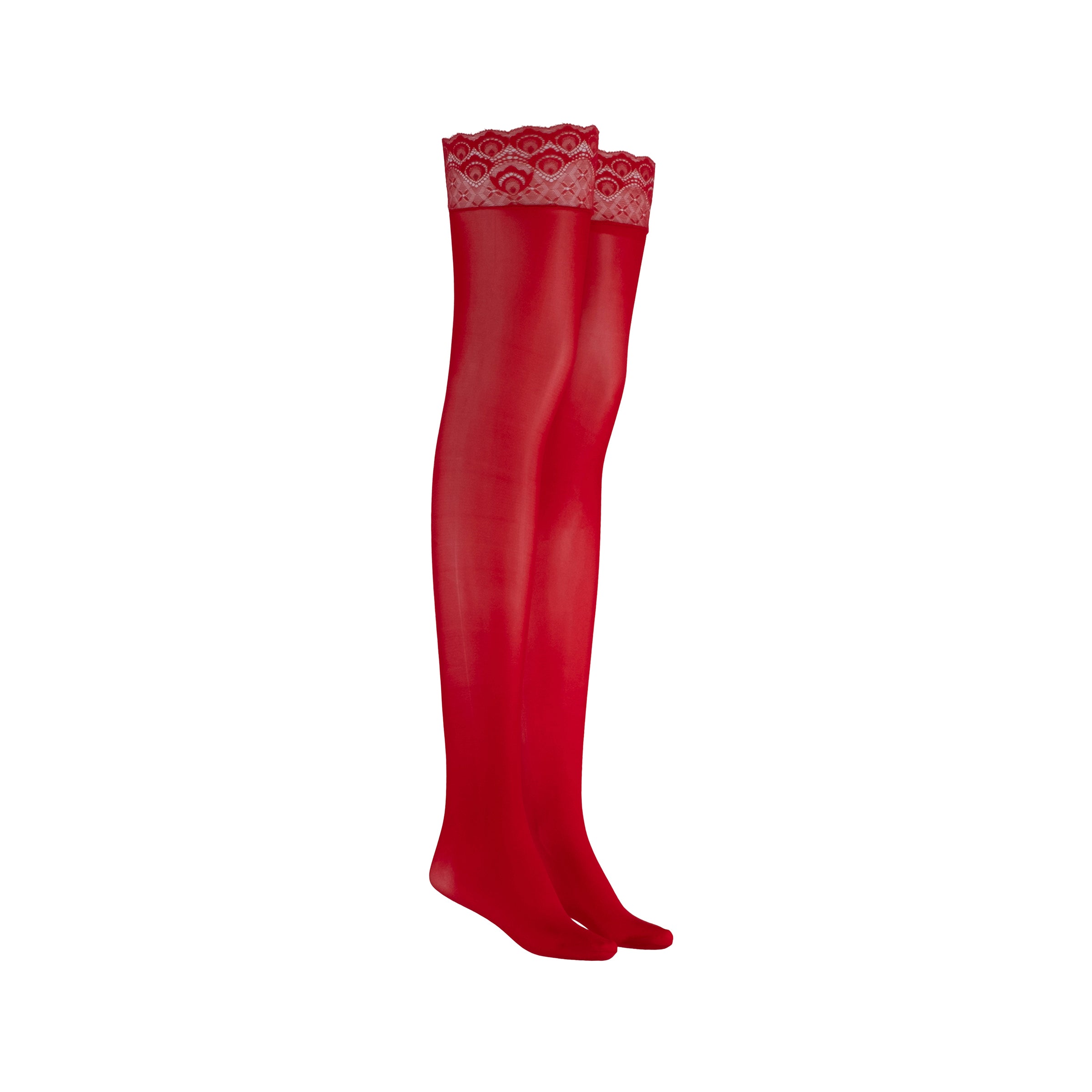 Red knee-high socks with lace top on a white background