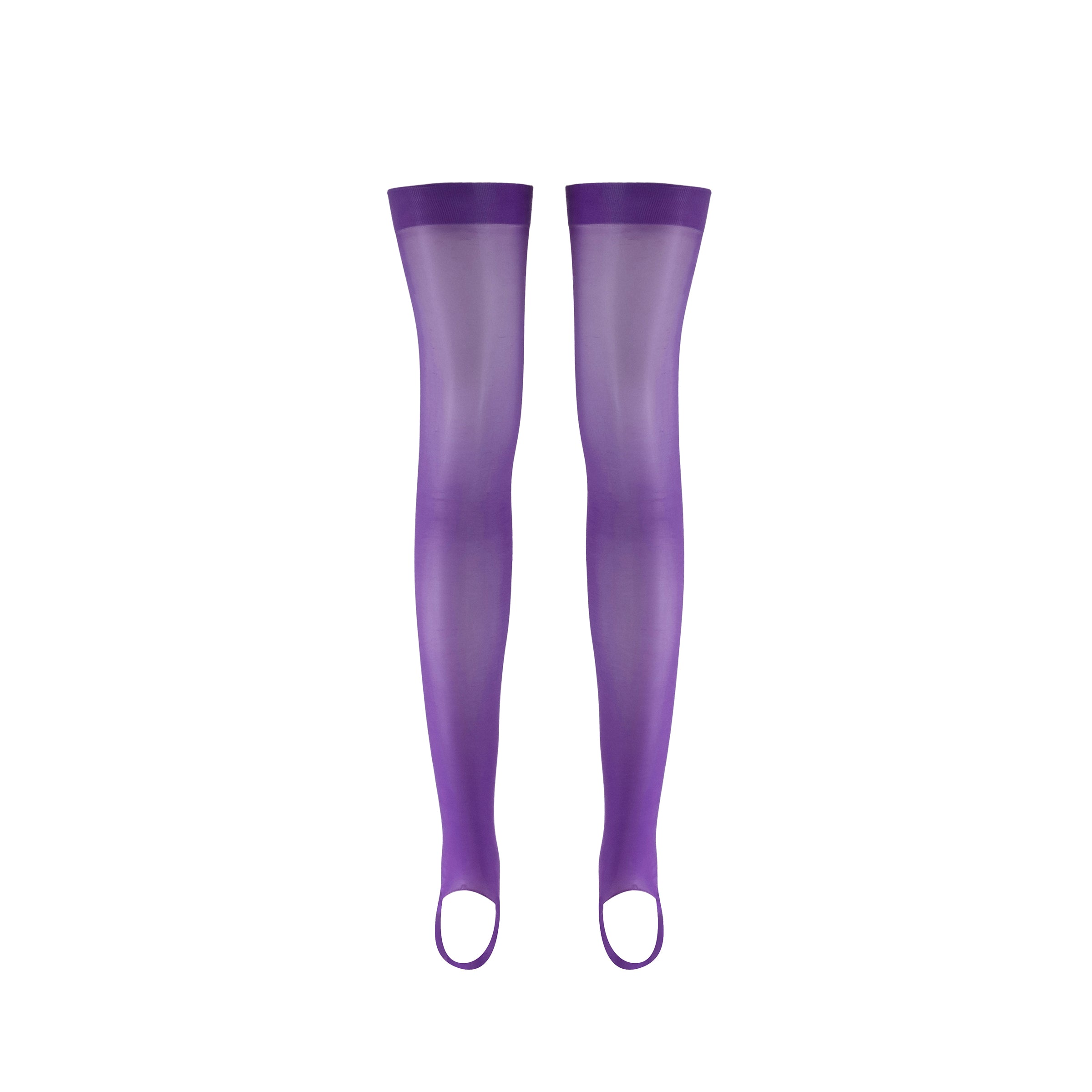 Purple sheer thigh-high stockings on a white background