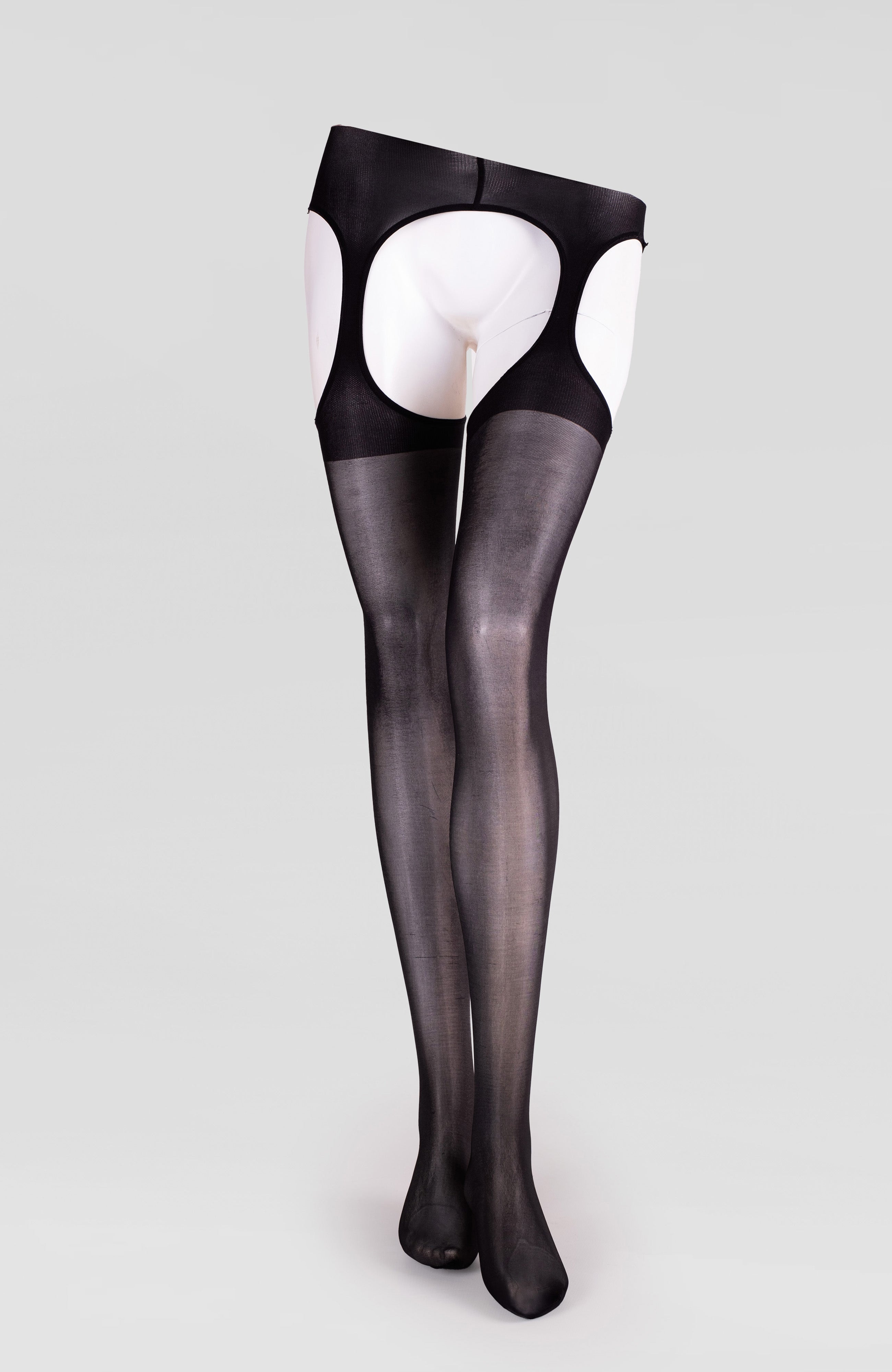 LECHERY® LUSTROUS SILKY SHINY SHEER SUSPENDER CROTCHLESS TIGHTS • BLACK