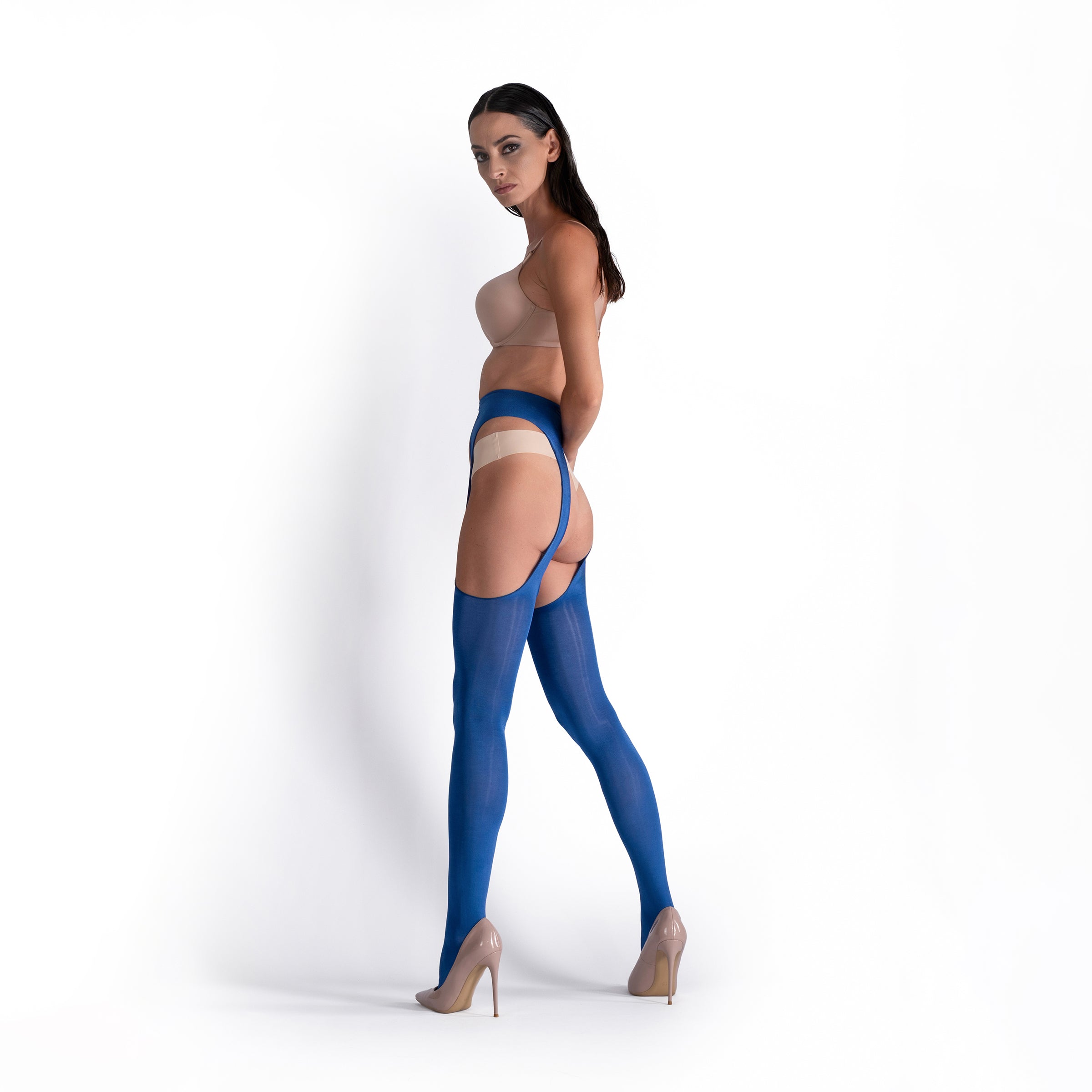 LECHERY® LUSTROUS SILKY SHINY SHEER SUSPENDER CROTCHLESS TIGHTS • BLUE