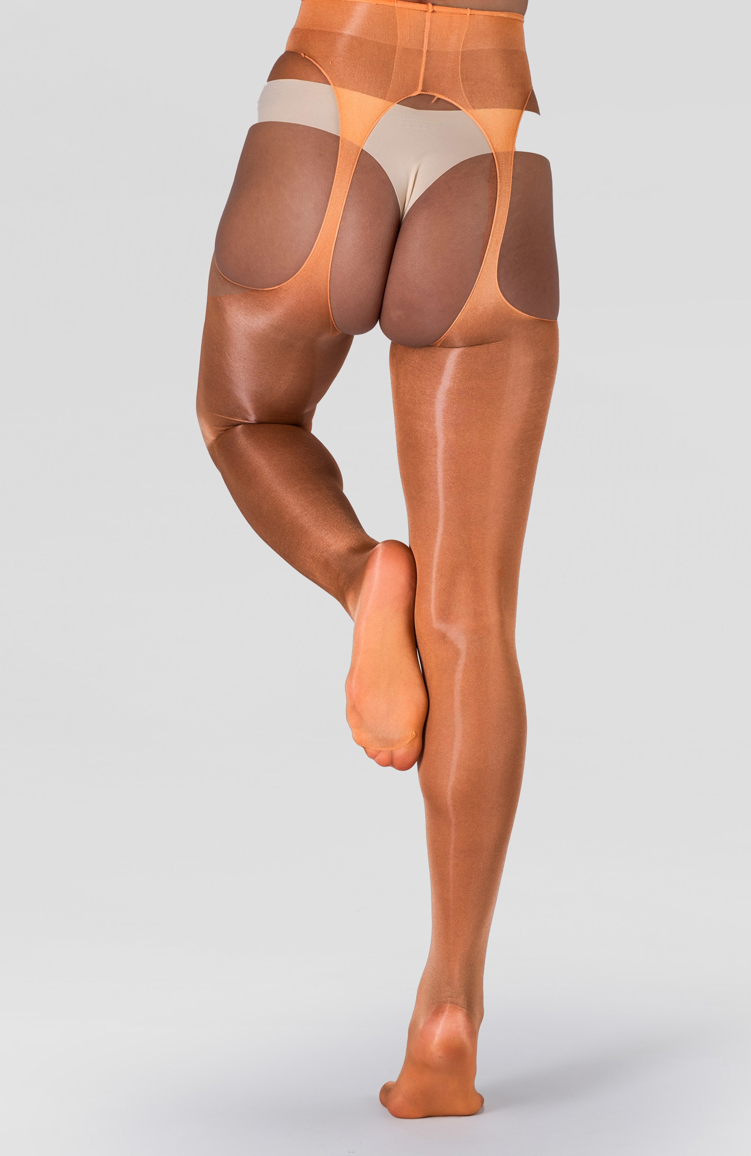 LECHERY® LUSTROUS SILKY SHINY SHEER SUSPENDER CROTCHLESS TIGHTS • CARAMEL
