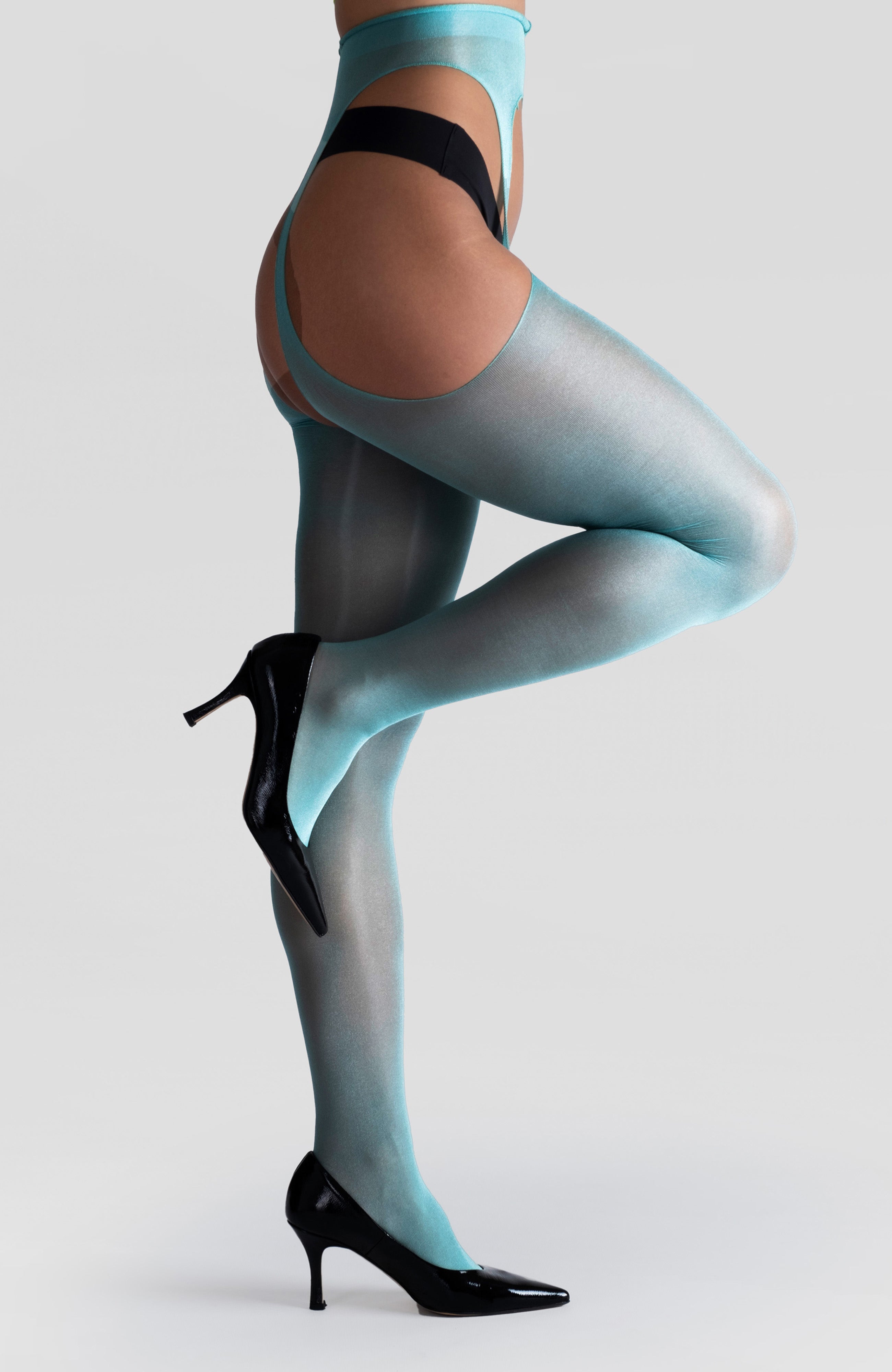 LECHERY® LUSTROUS SILKY SHINY SHEER SUSPENDER CROTCHLESS TIGHTS • GREEN