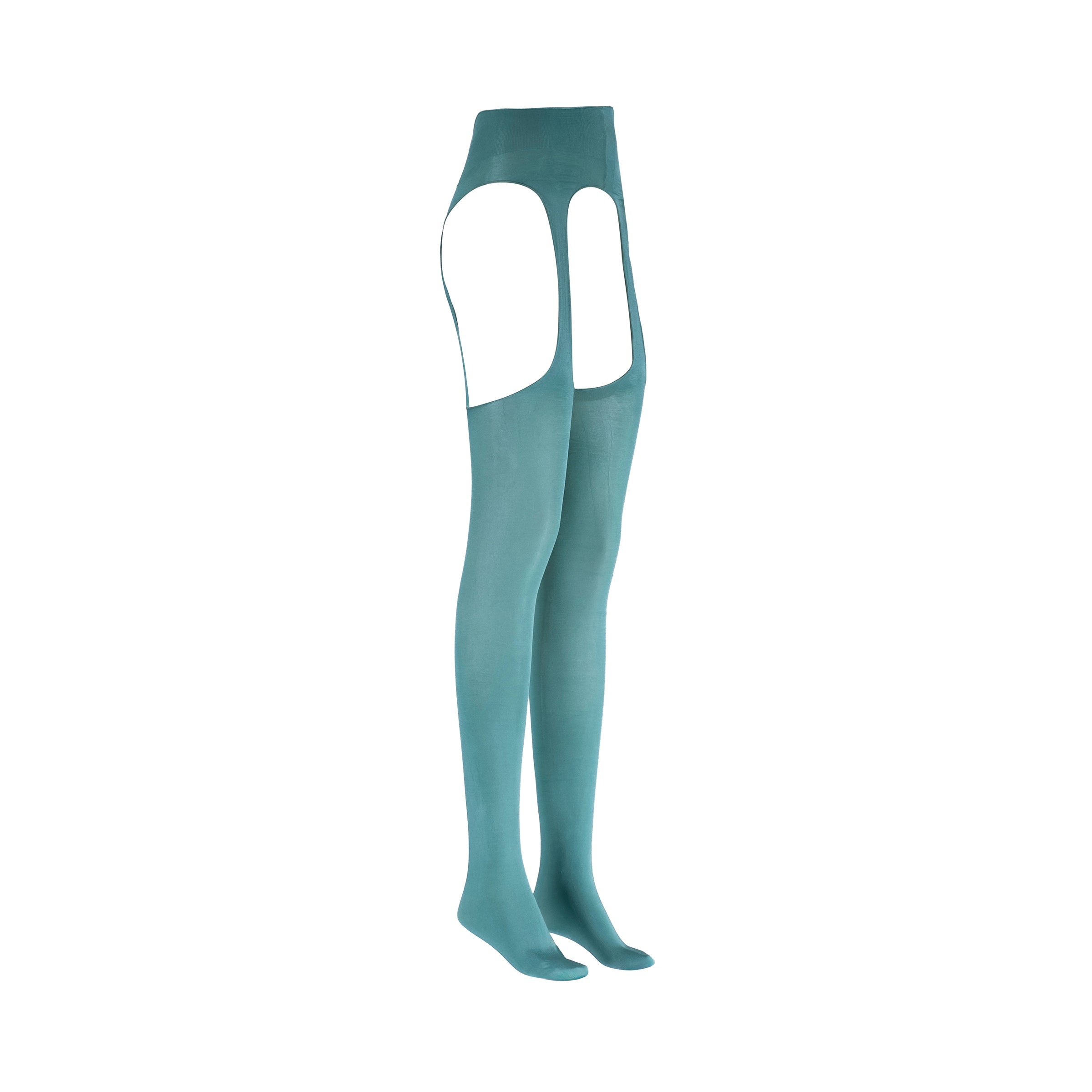 Teal thigh-high stockings with cutout design on a white background