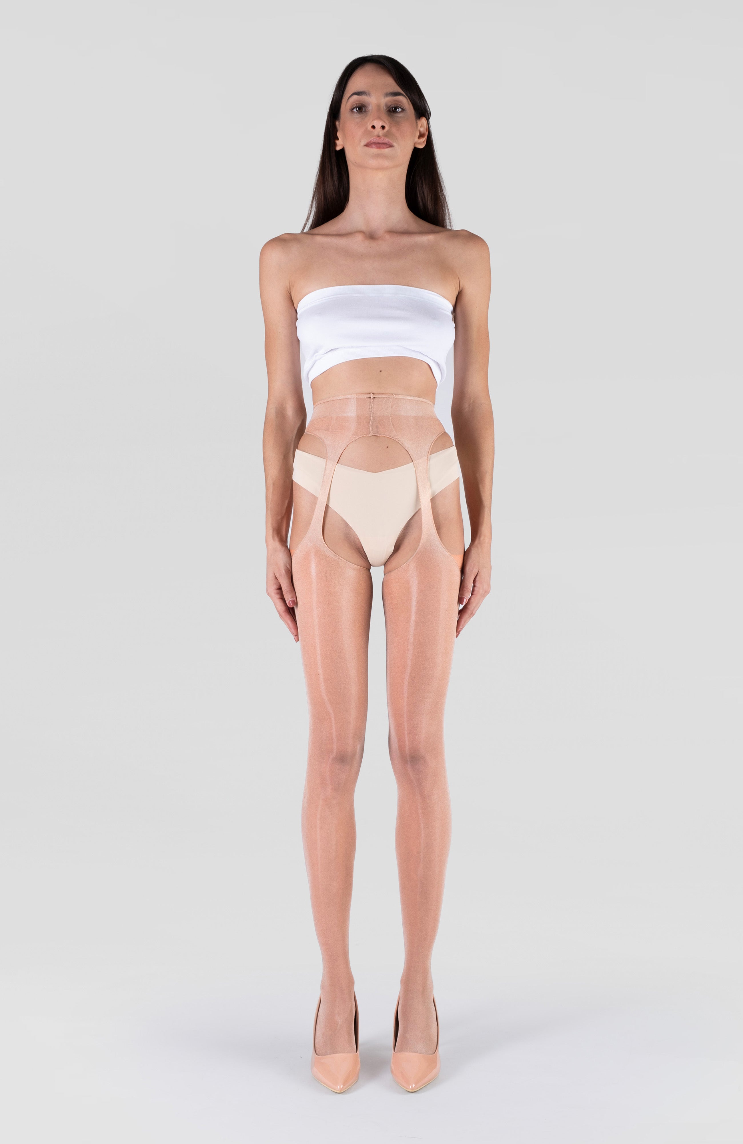 LECHERY® LUSTROUS SILKY SHINY SHEER SUSPENDER CROTCHLESS TIGHTS • NATURAL