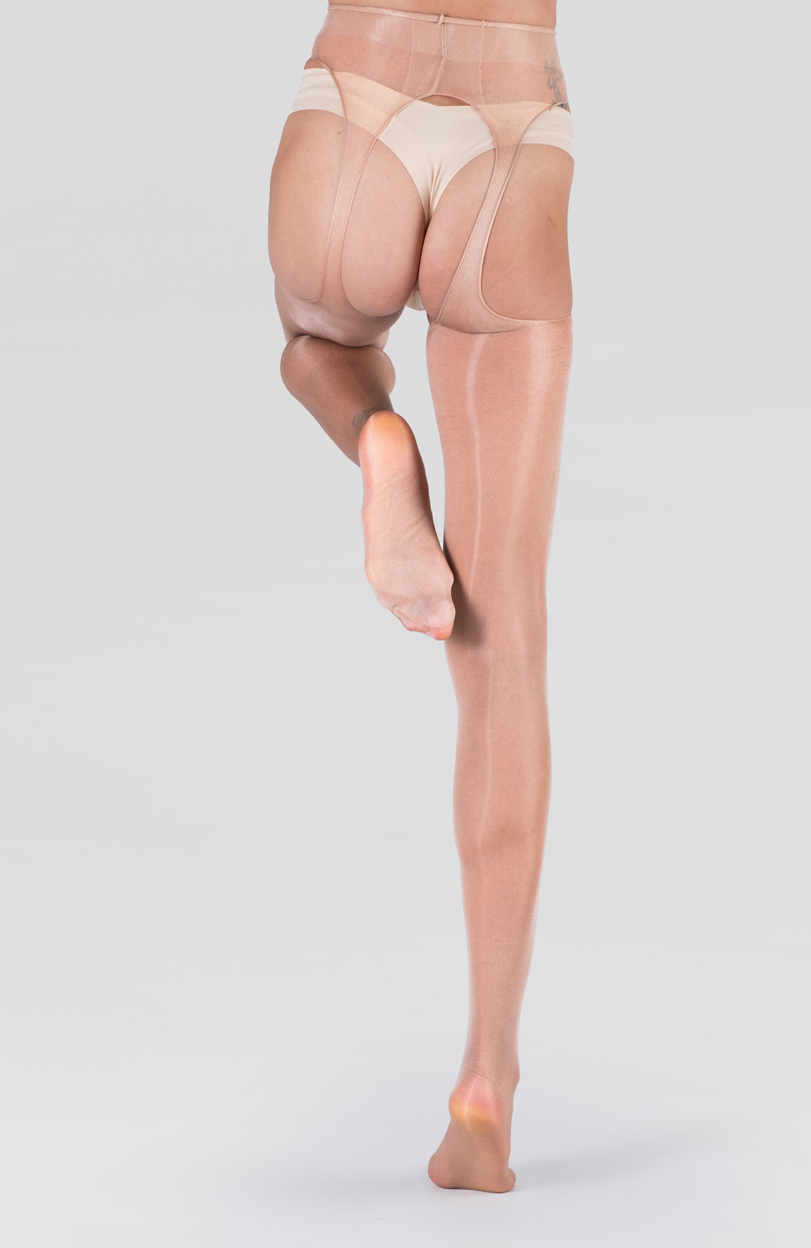 LECHERY® LUSTROUS SILKY SHINY SHEER SUSPENDER CROTCHLESS TIGHTS • NATURAL