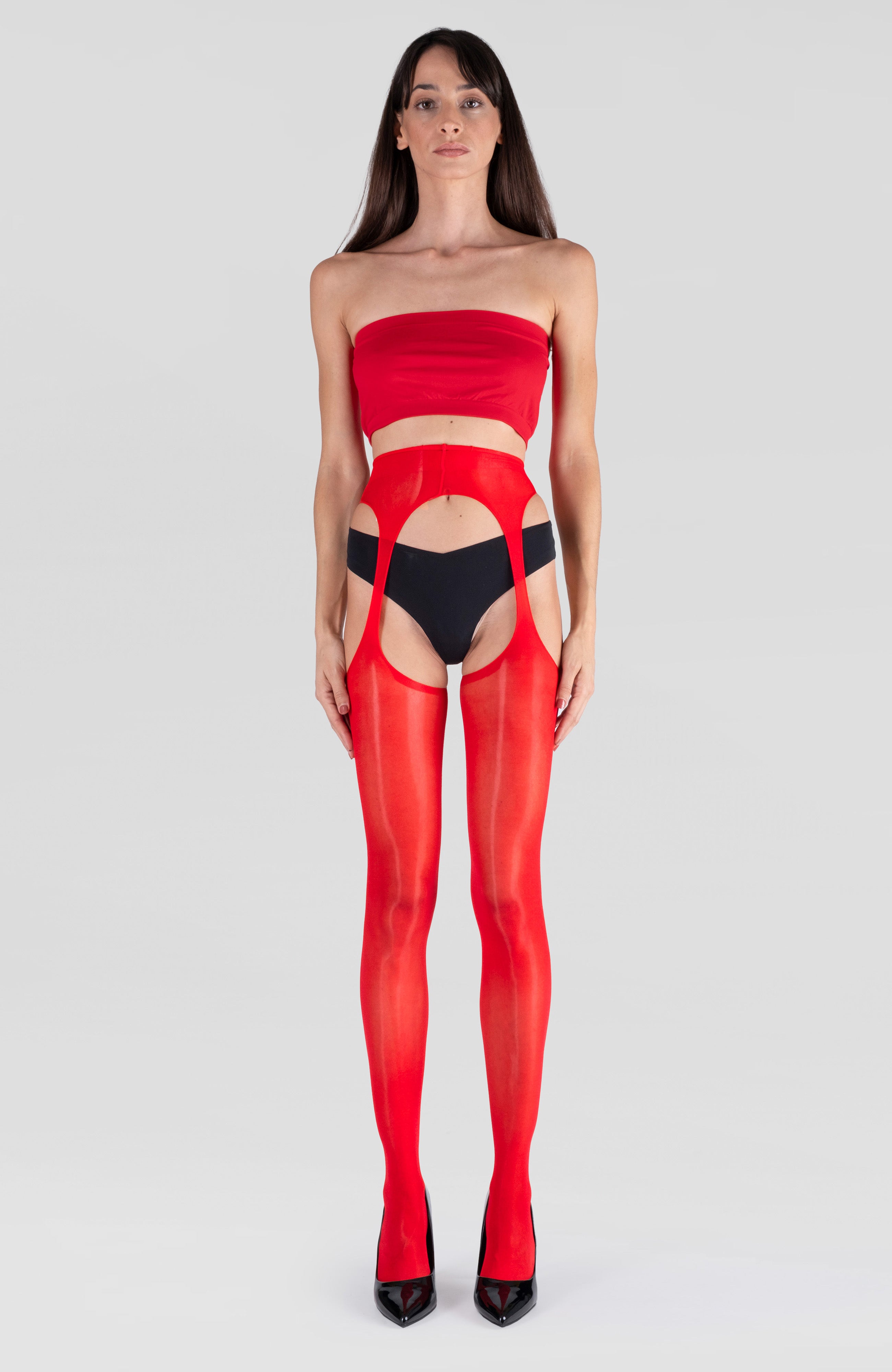 LECHERY® LUSTROUS SILKY SHINY SHEER SUSPENDER CROTCHLESS TIGHTS • RED