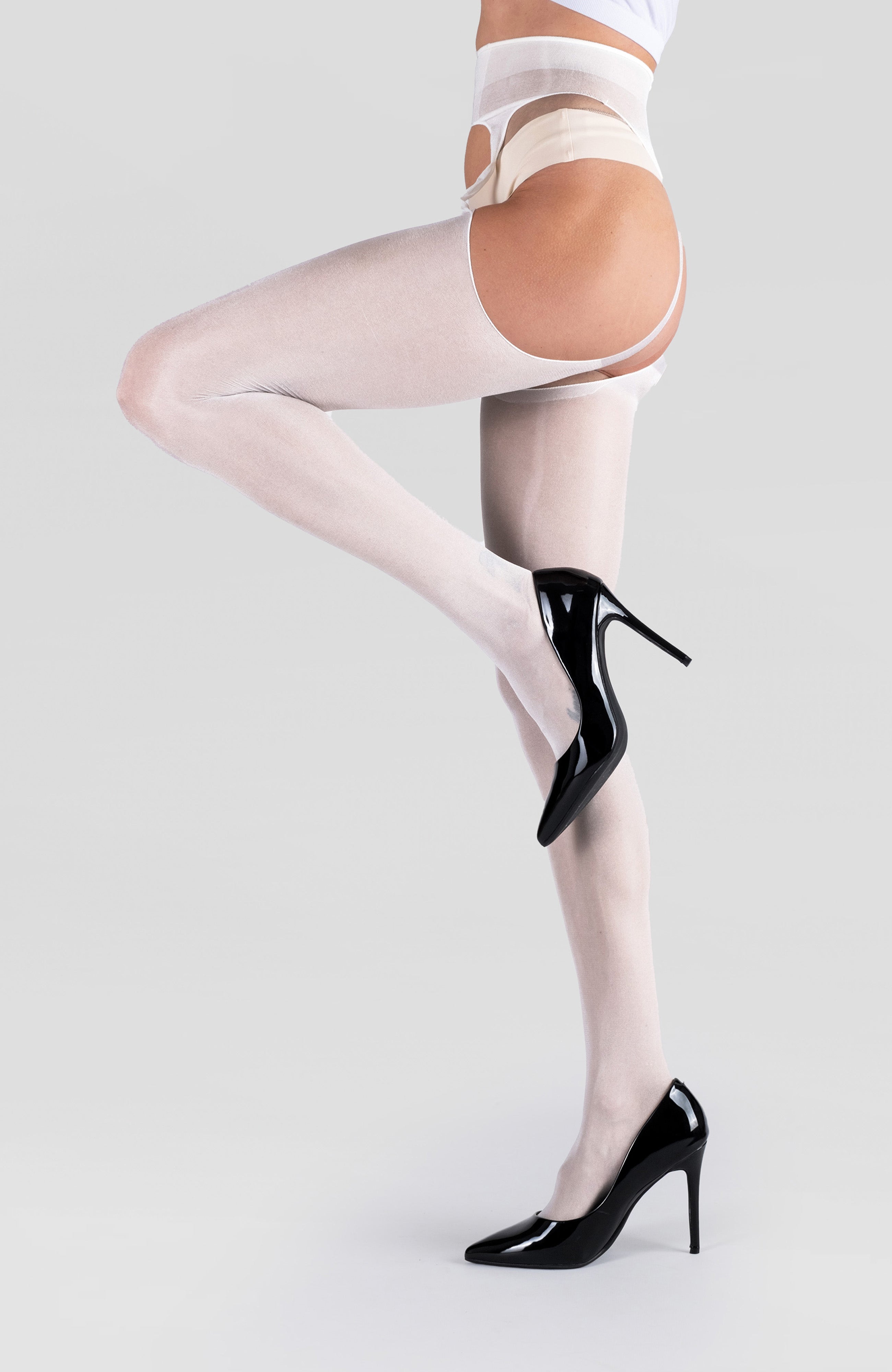 LECHERY® LUSTROUS SILKY SHINY SHEER SUSPENDER CROTCHLESS TIGHTS • WHITE