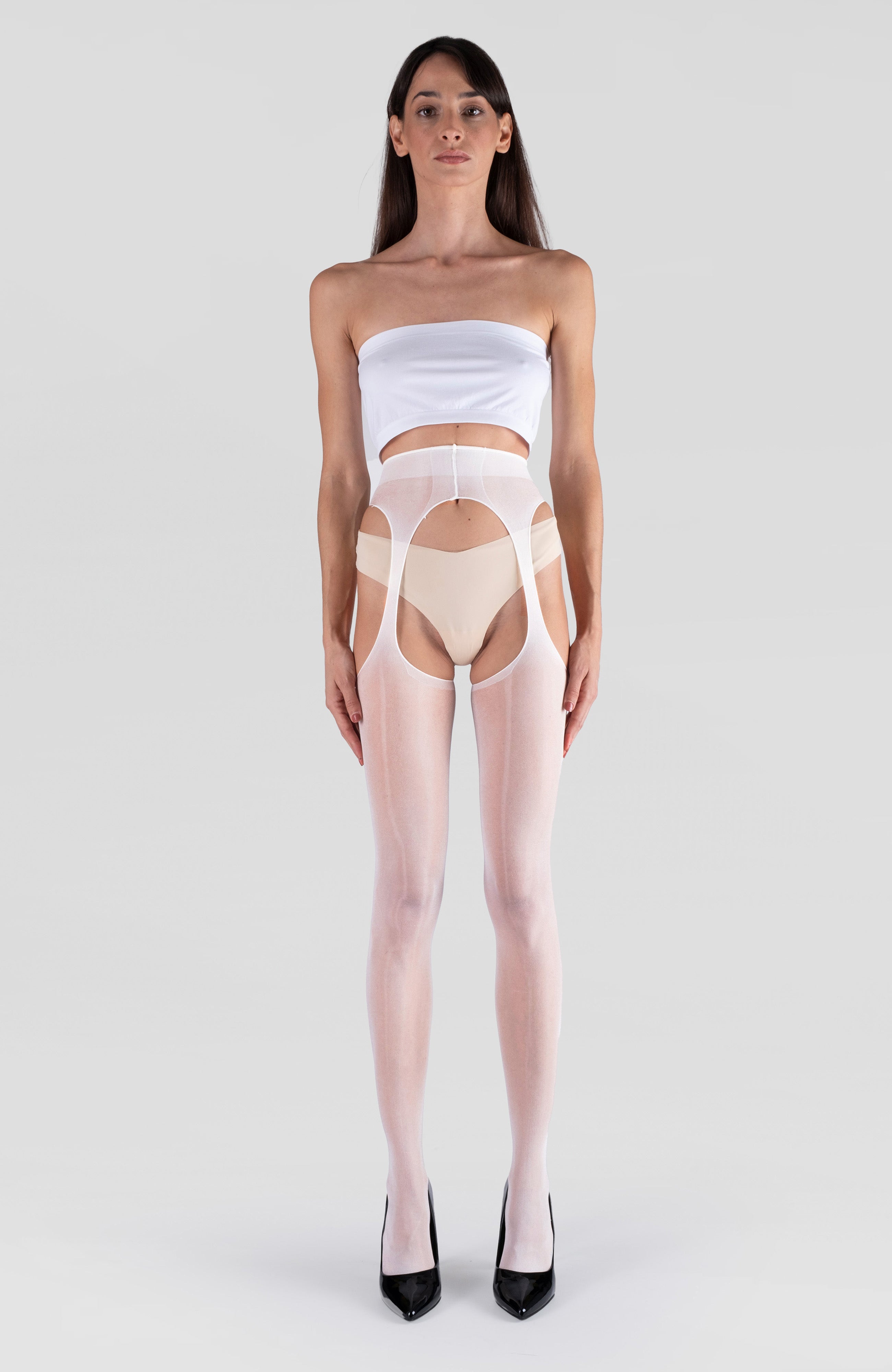 LECHERY® LUSTROUS SILKY SHINY SHEER SUSPENDER CROTCHLESS TIGHTS • WHITE