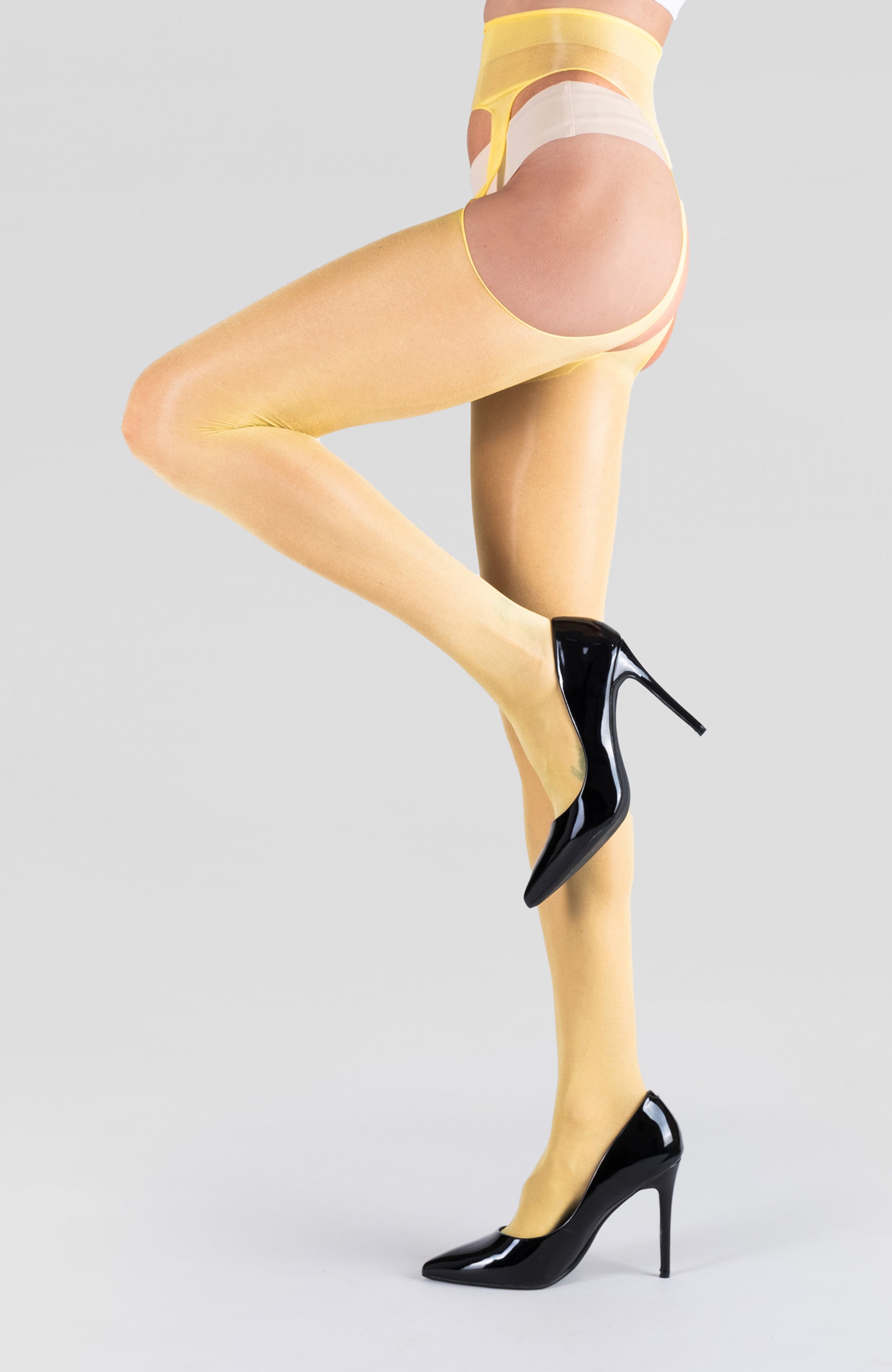 LECHERY® LUSTROUS SILKY SHINY SHEER SUSPENDER CROTCHLESS TIGHTS • YELLOW