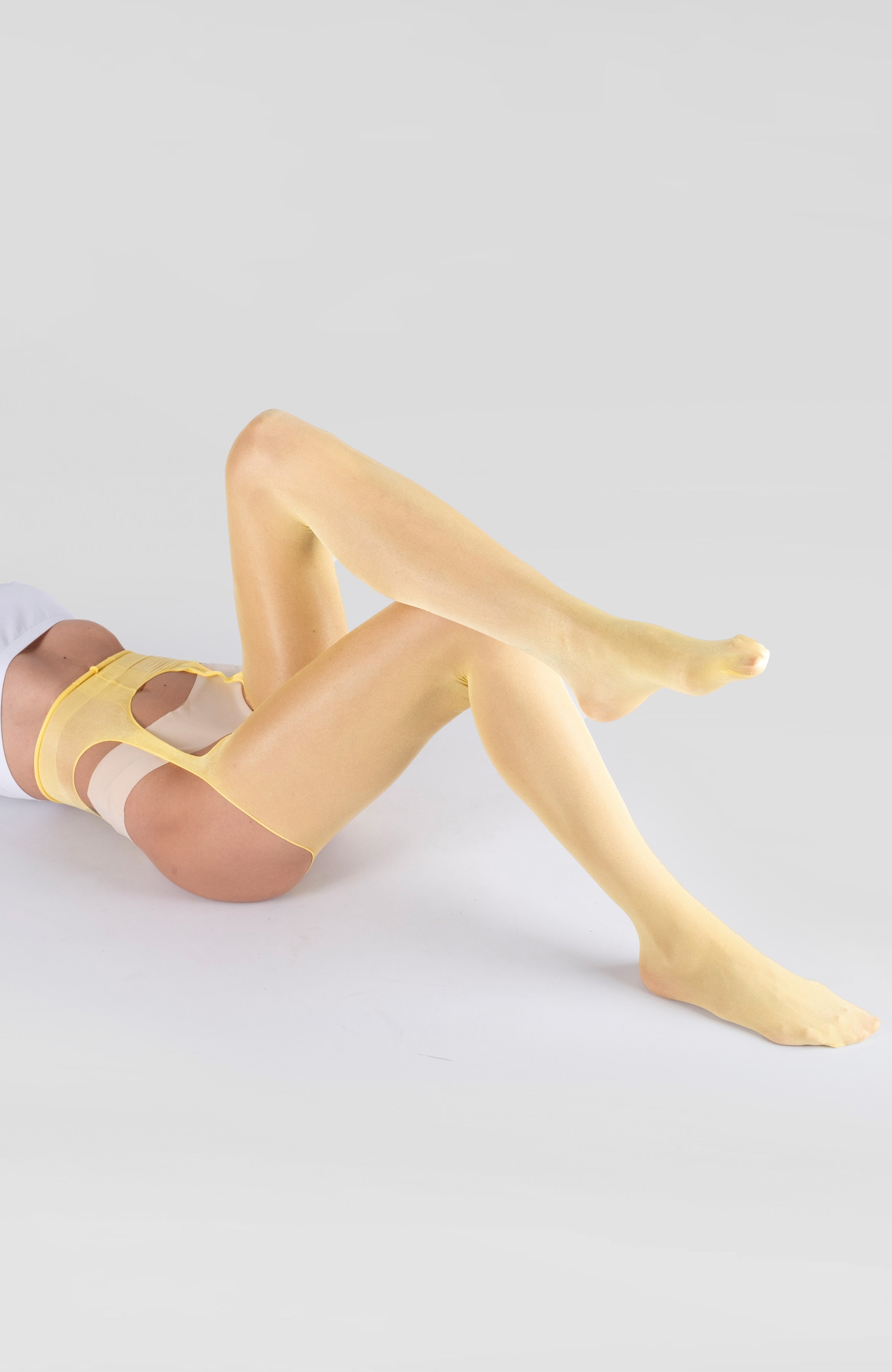LECHERY® LUSTROUS SILKY SHINY SHEER SUSPENDER CROTCHLESS TIGHTS • YELLOW
