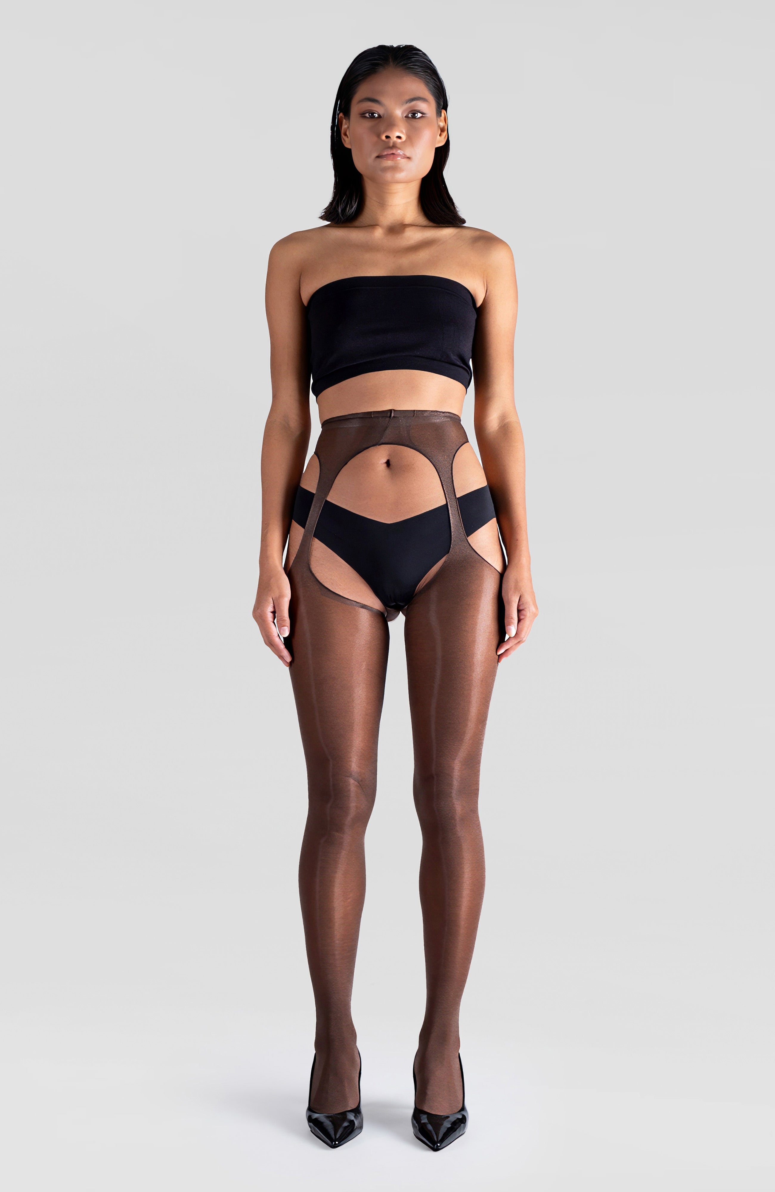 LECHERY® LUSTROUS SILKY SHINY SHEER SUSPENDER CROTCHLESS TIGHTS • COCOA