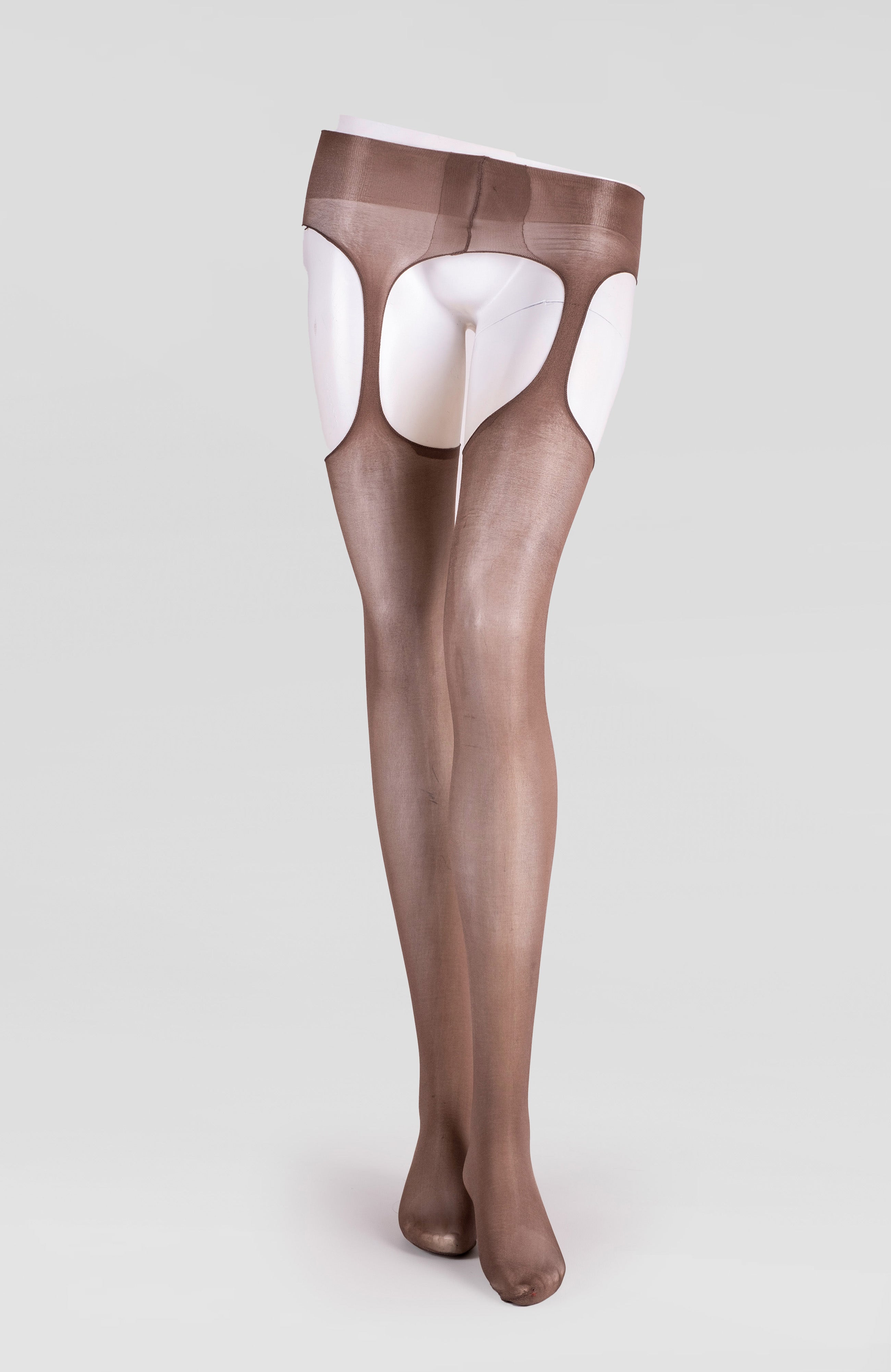 LECHERY® LUSTROUS SILKY SHINY SHEER SUSPENDER CROTCHLESS TIGHTS • COCOA
