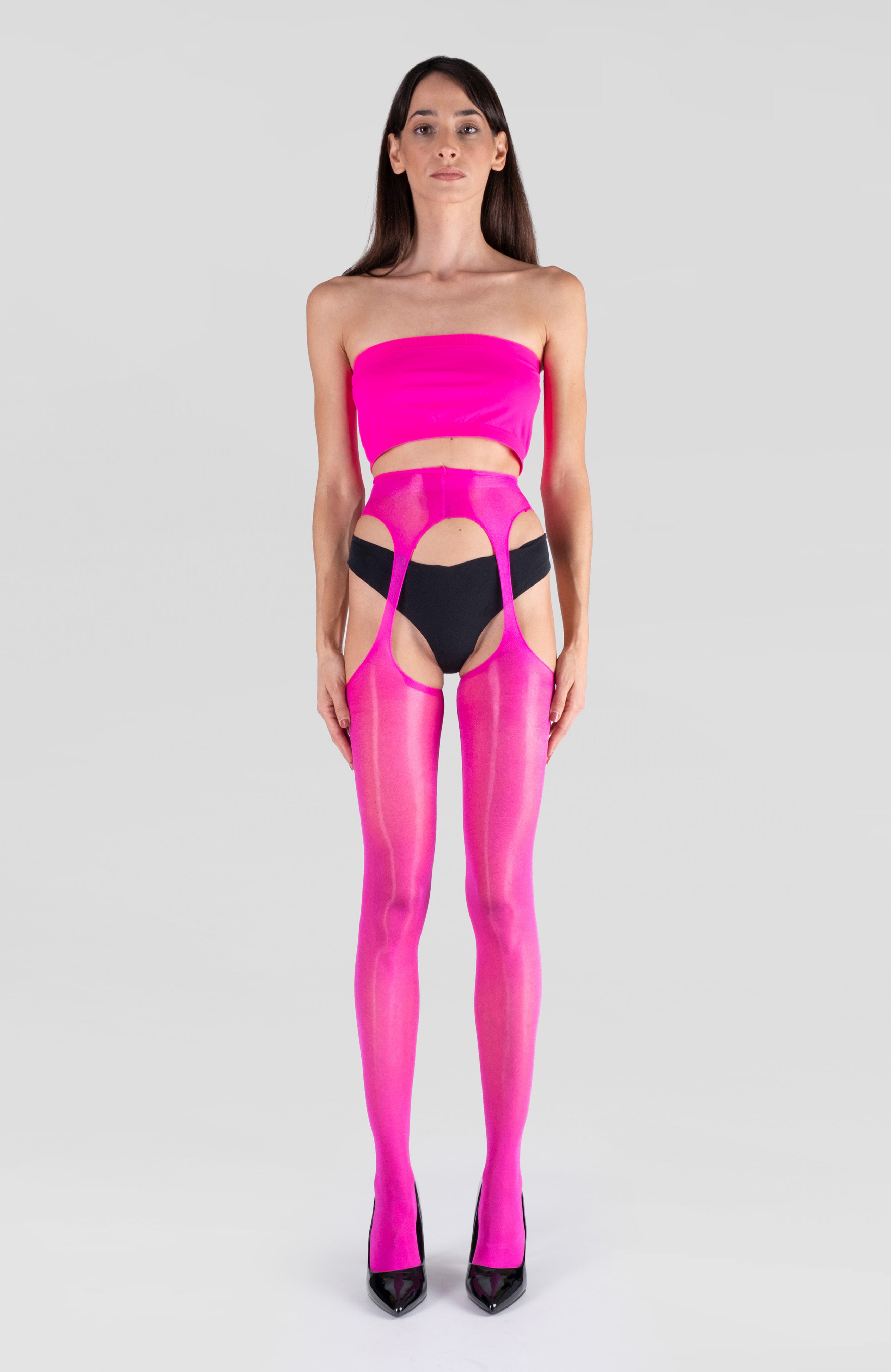 LECHERY® LUSTROUS SILKY SHINY SHEER SUSPENDER CROTCHLESS TIGHTS • PINK