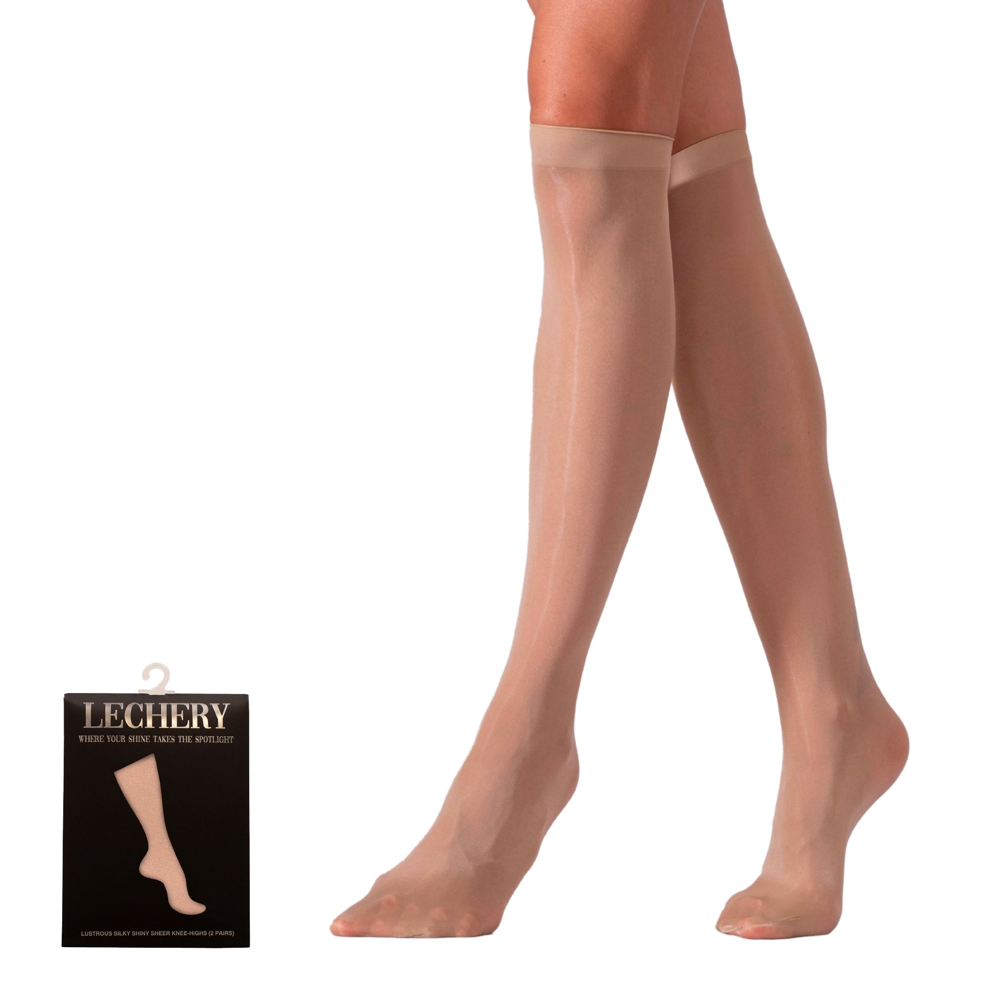 LECHERY® LUSTROUS SILKY SHINY SHEER DRESS KNEE-HIGHS (2 PAIRS) • NATURAL