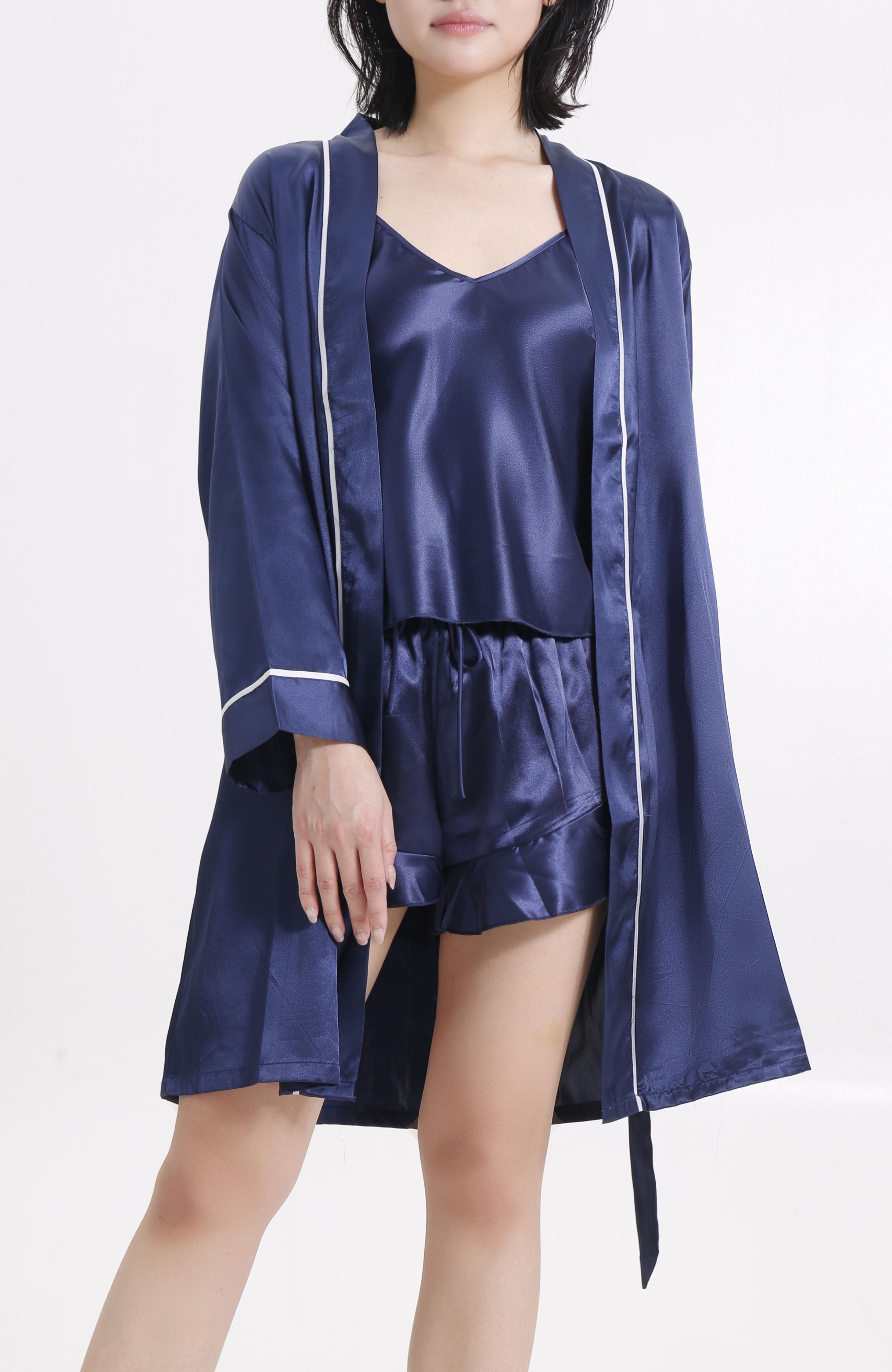 LECHERY® LUSTROUS SILKY SHINY SATIN 3-PIECE PAJAMA SET • NAVY BLUE