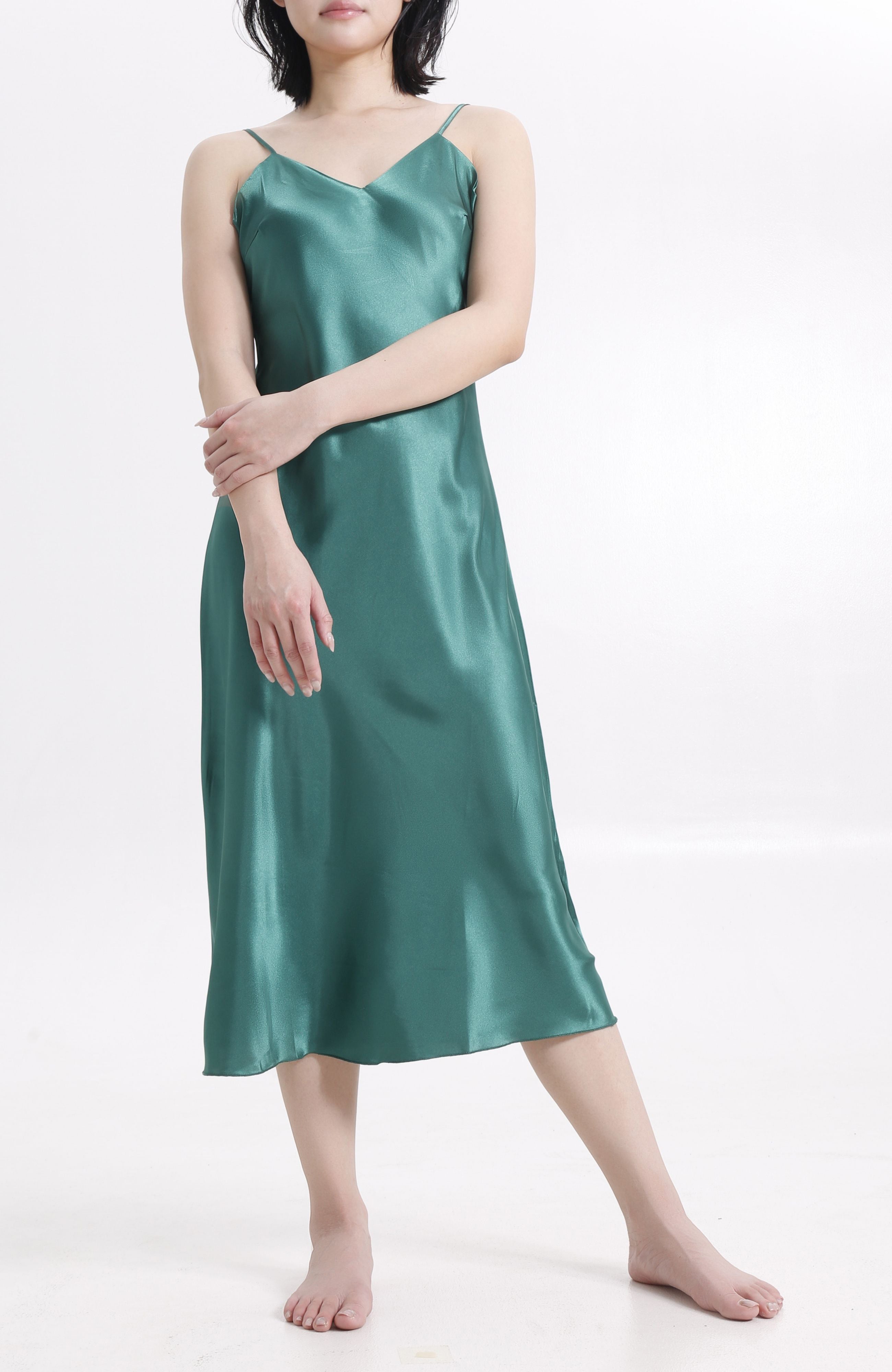 LECHERY® LUSTROUS SILKY SHINY SATIN SLIP DRESS • GREEN