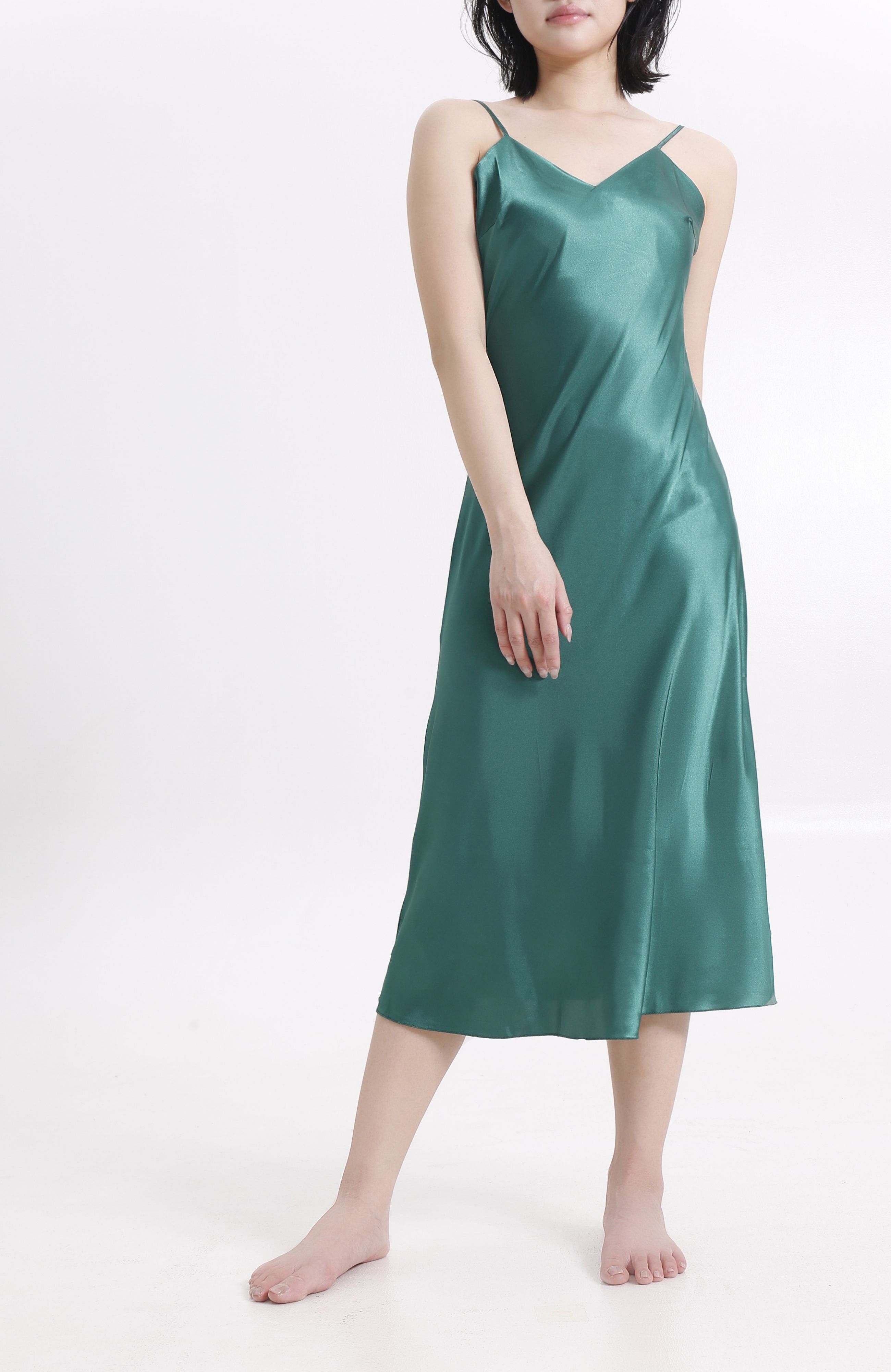LECHERY® LUSTROUS SILKY SHINY SATIN SLIP DRESS • GREEN