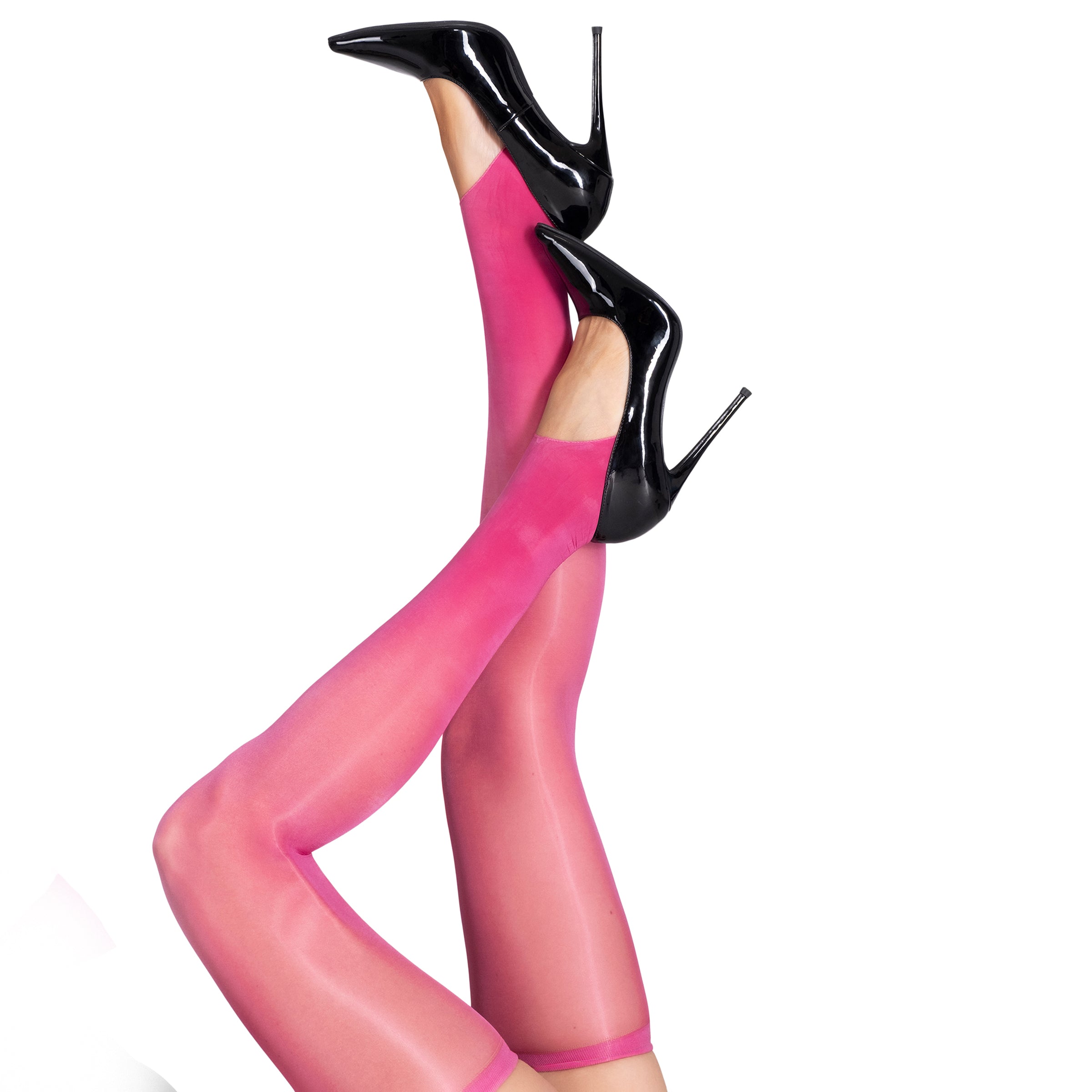 Pink sheer stockings with black high heels on a white background