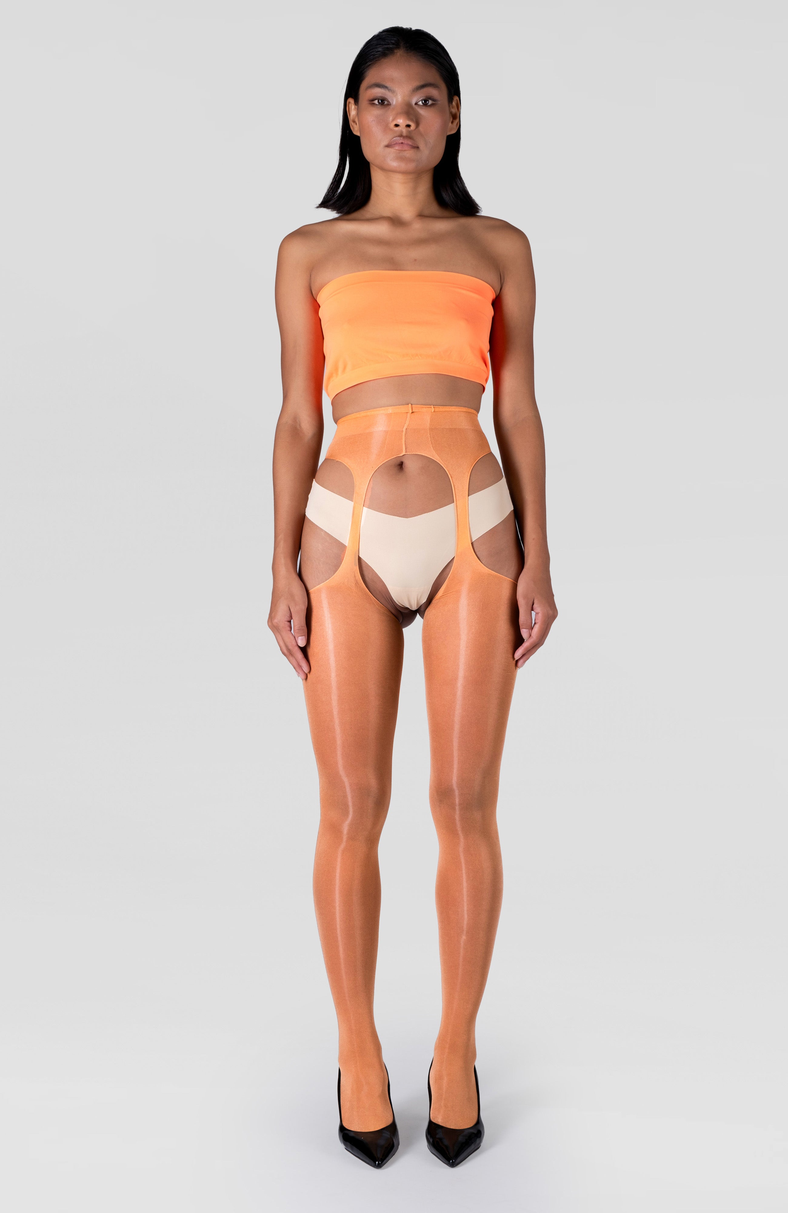LECHERY® LUSTROUS SILKY SHINY SHEER SUSPENDER CROTCHLESS TIGHTS • CARAMEL