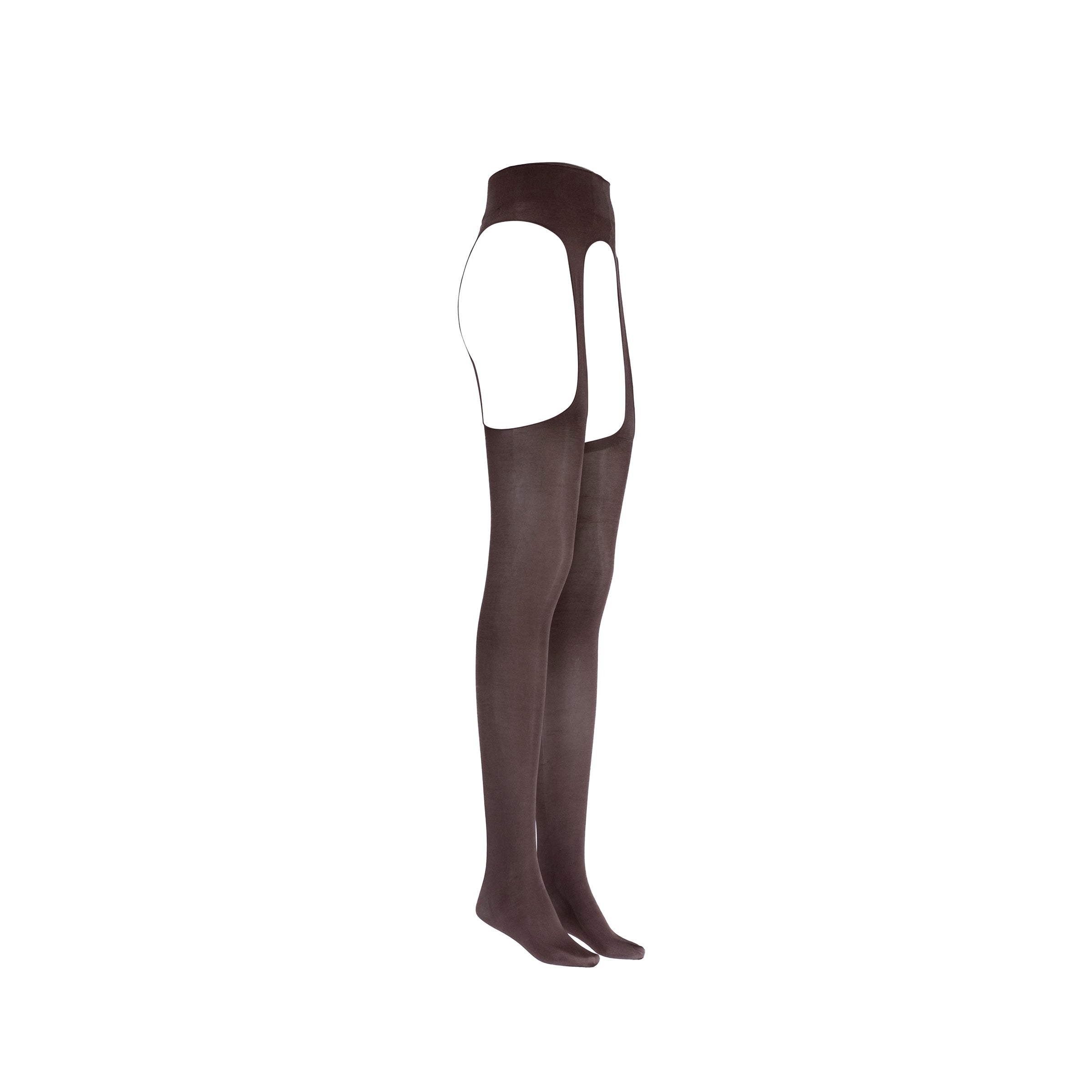 Brown thigh-high boots with cutout design on a white background
