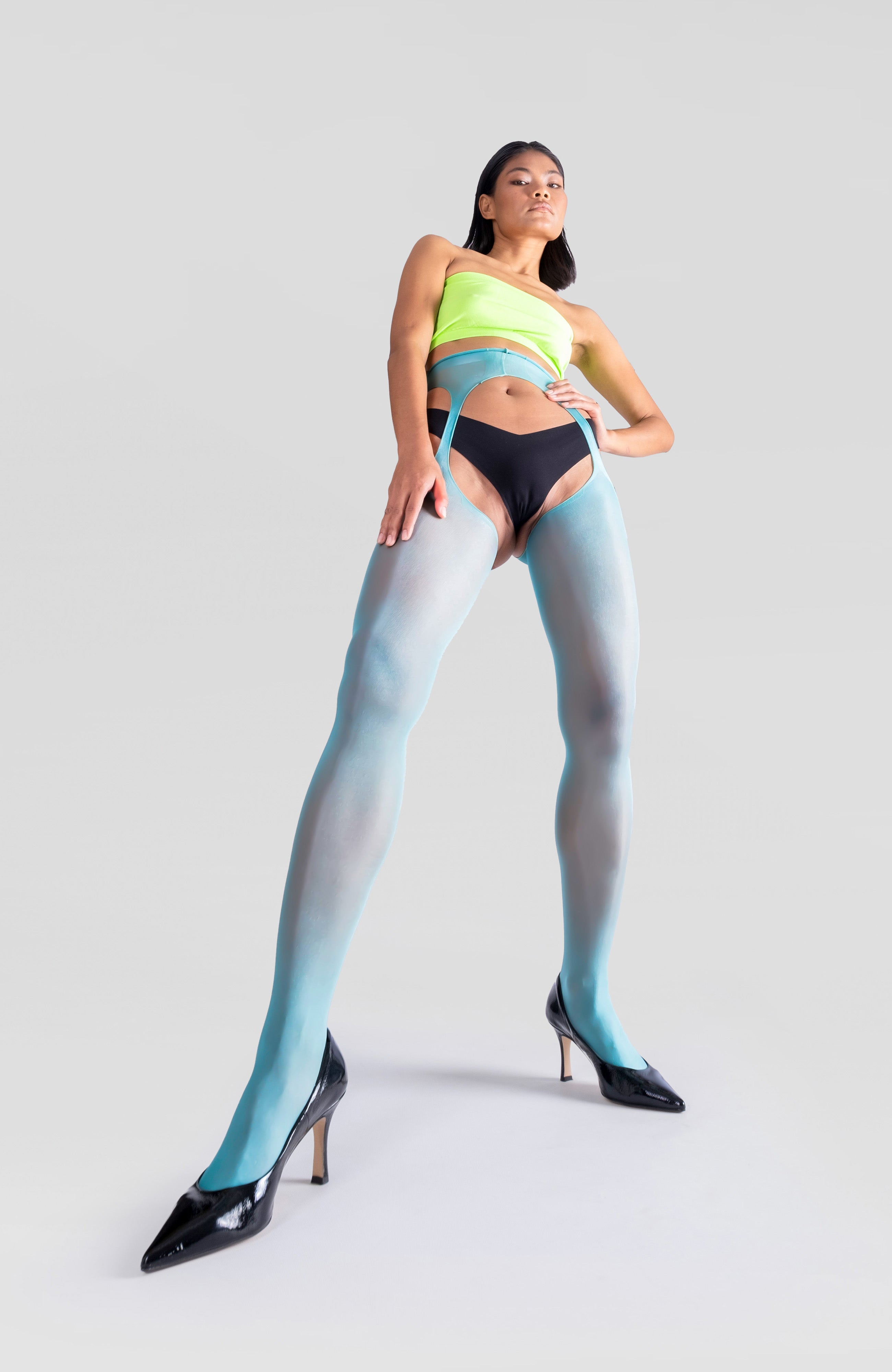 LECHERY® LUSTROUS SILKY SHINY SHEER SUSPENDER CROTCHLESS TIGHTS • GREEN
