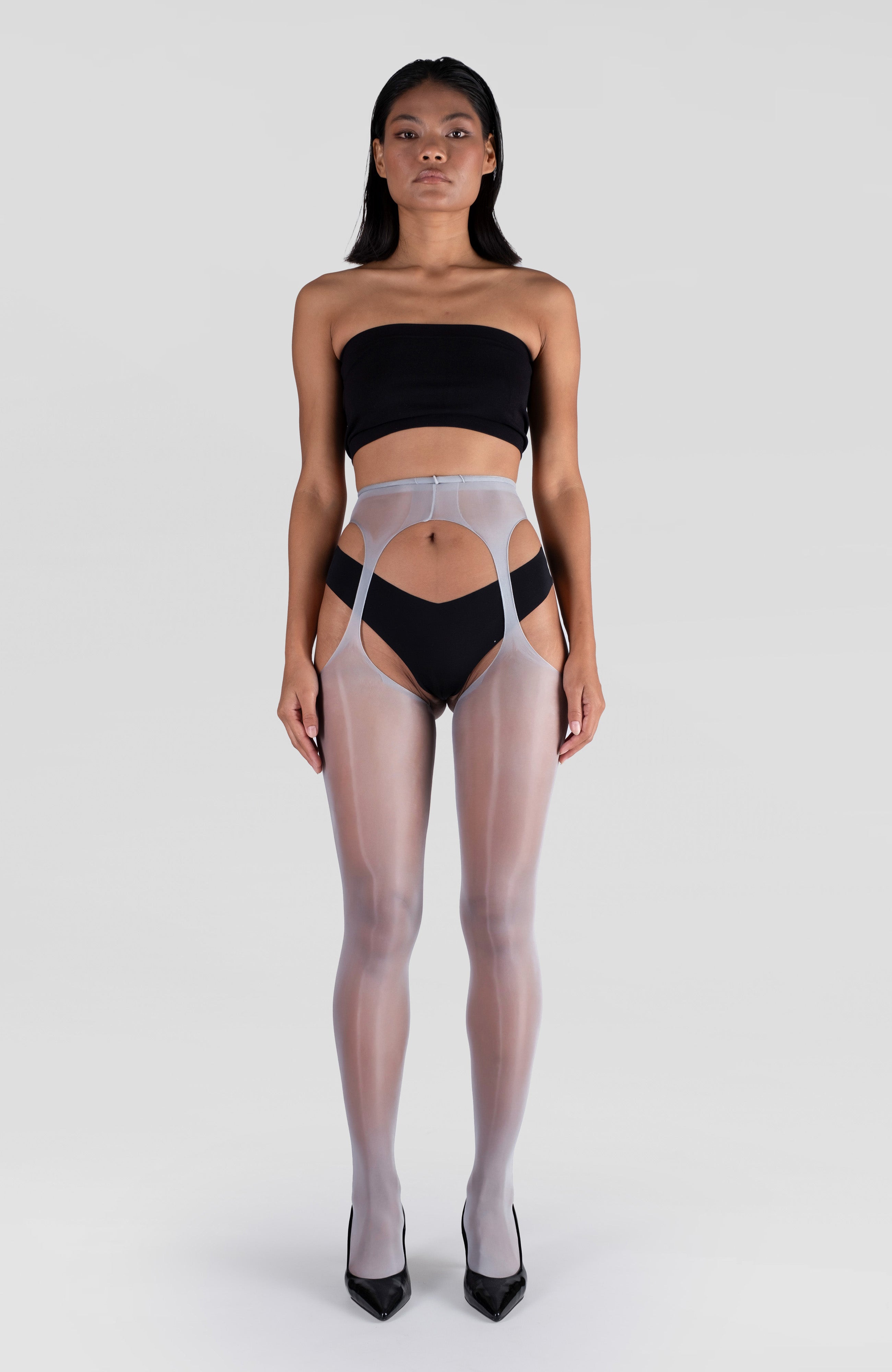 LECHERY® LUSTROUS SILKY SHINY SHEER SUSPENDER CROTCHLESS TIGHTS • GREY