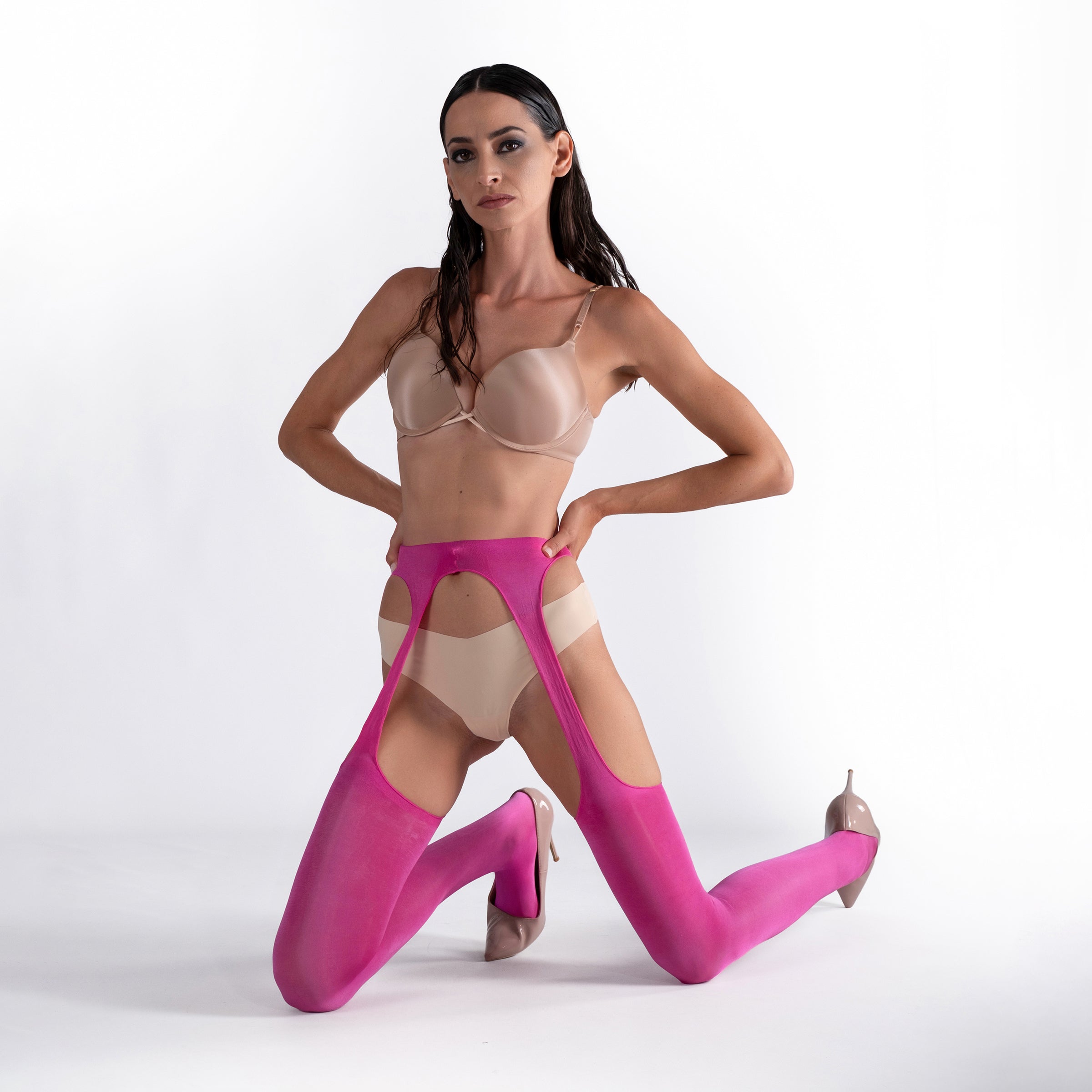 LECHERY® LUSTROUS SILKY SHINY SHEER SUSPENDER CROTCHLESS TIGHTS • PINK