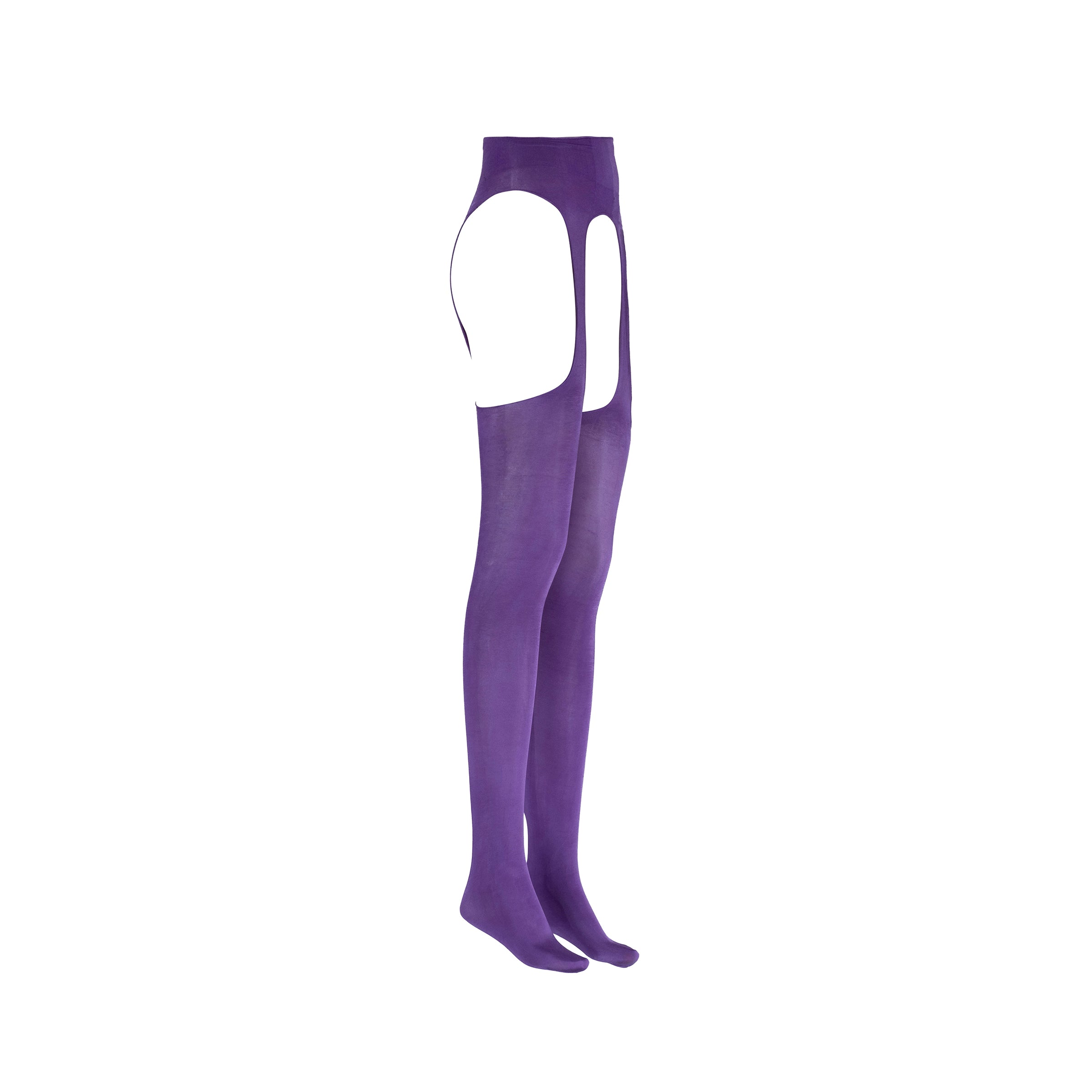 Purple thigh-high socks with cutouts on a white background