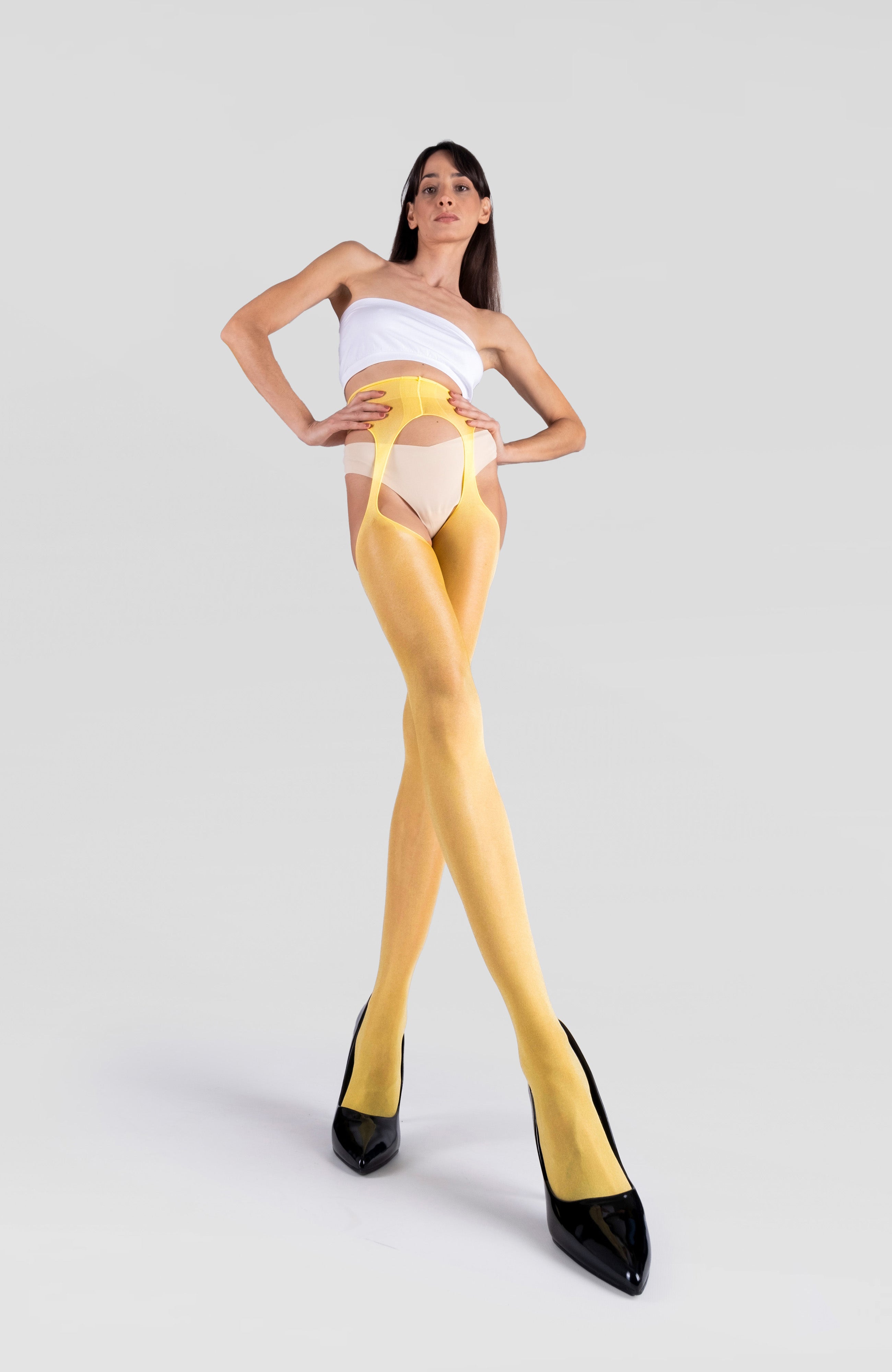 LECHERY® LUSTROUS SILKY SHINY SHEER SUSPENDER CROTCHLESS TIGHTS • YELLOW