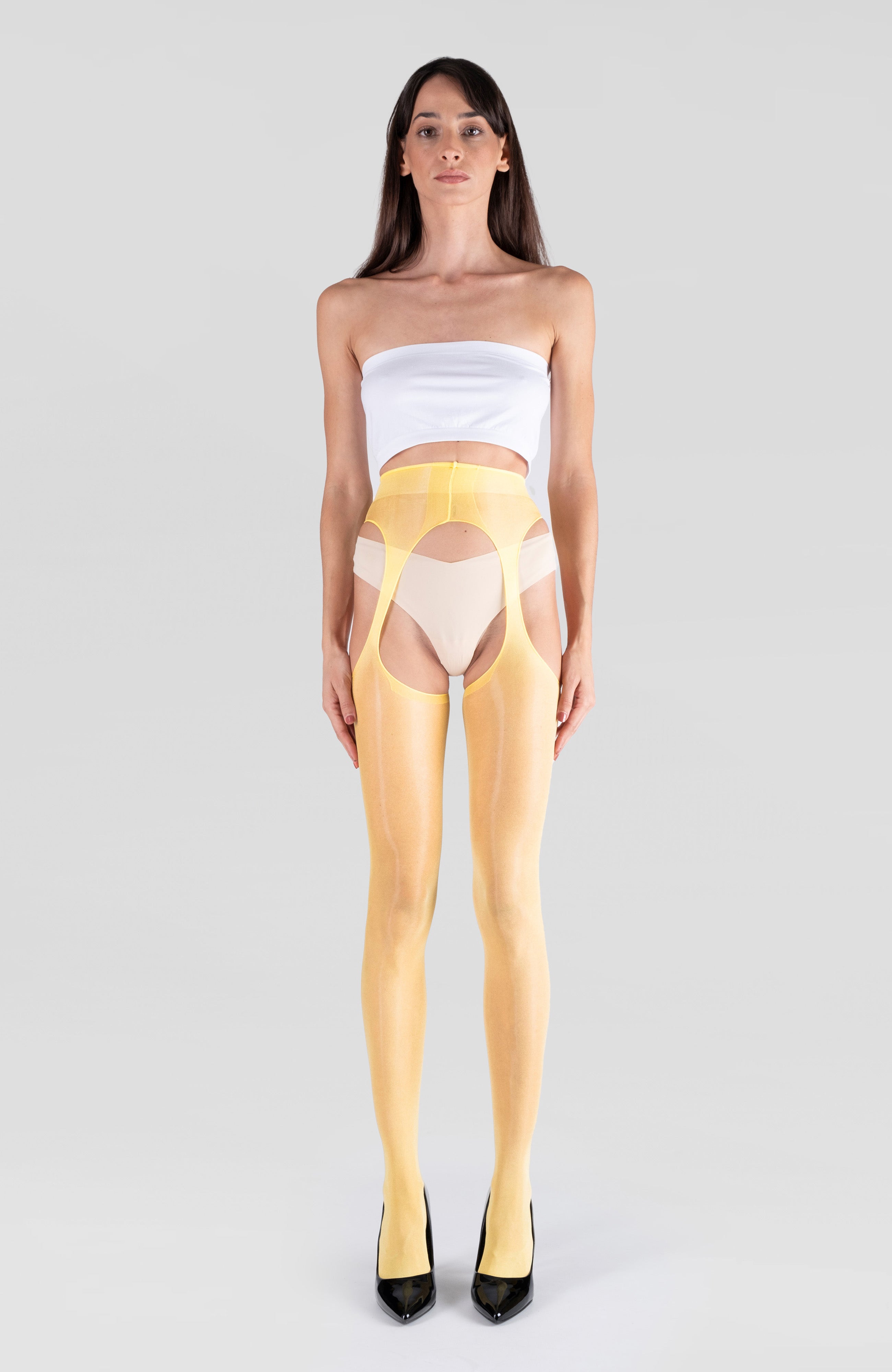 LECHERY® LUSTROUS SILKY SHINY SHEER SUSPENDER CROTCHLESS TIGHTS • YELLOW
