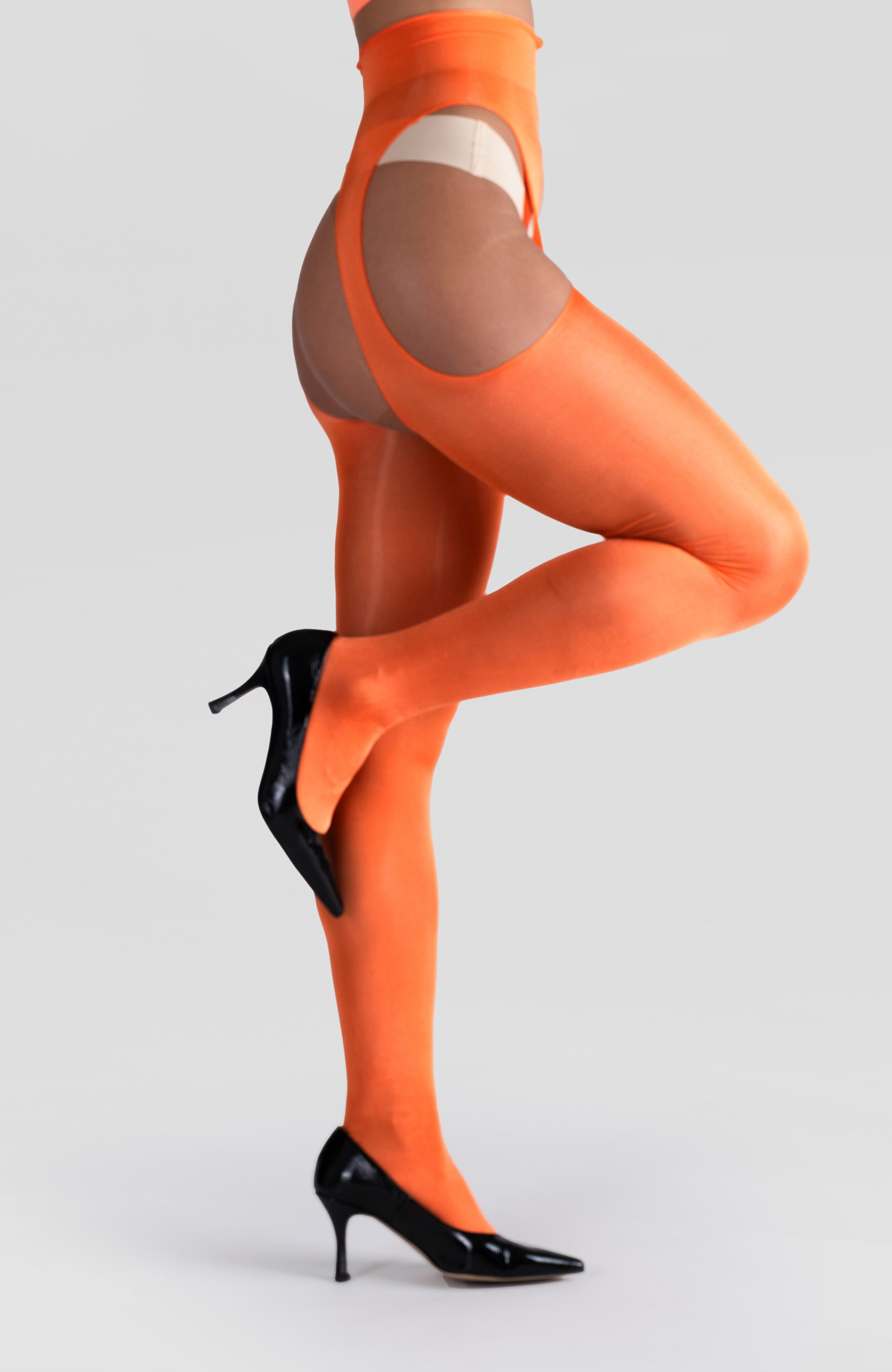 LECHERY® LUSTROUS SILKY SHINY SHEER SUSPENDER CROTCHLESS TIGHTS • ORANGE