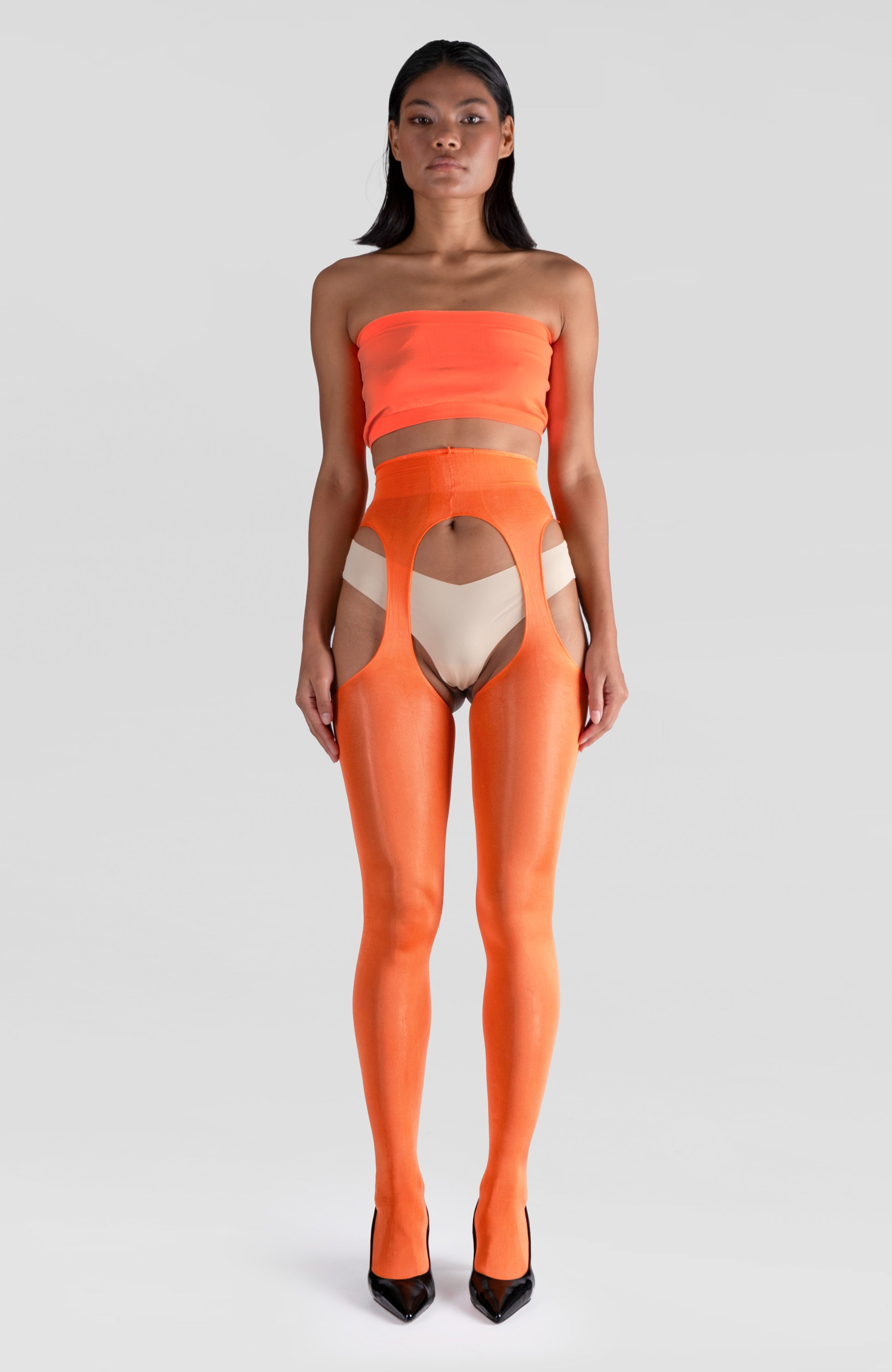 LECHERY® LUSTROUS SILKY SHINY SHEER SUSPENDER CROTCHLESS TIGHTS • ORANGE