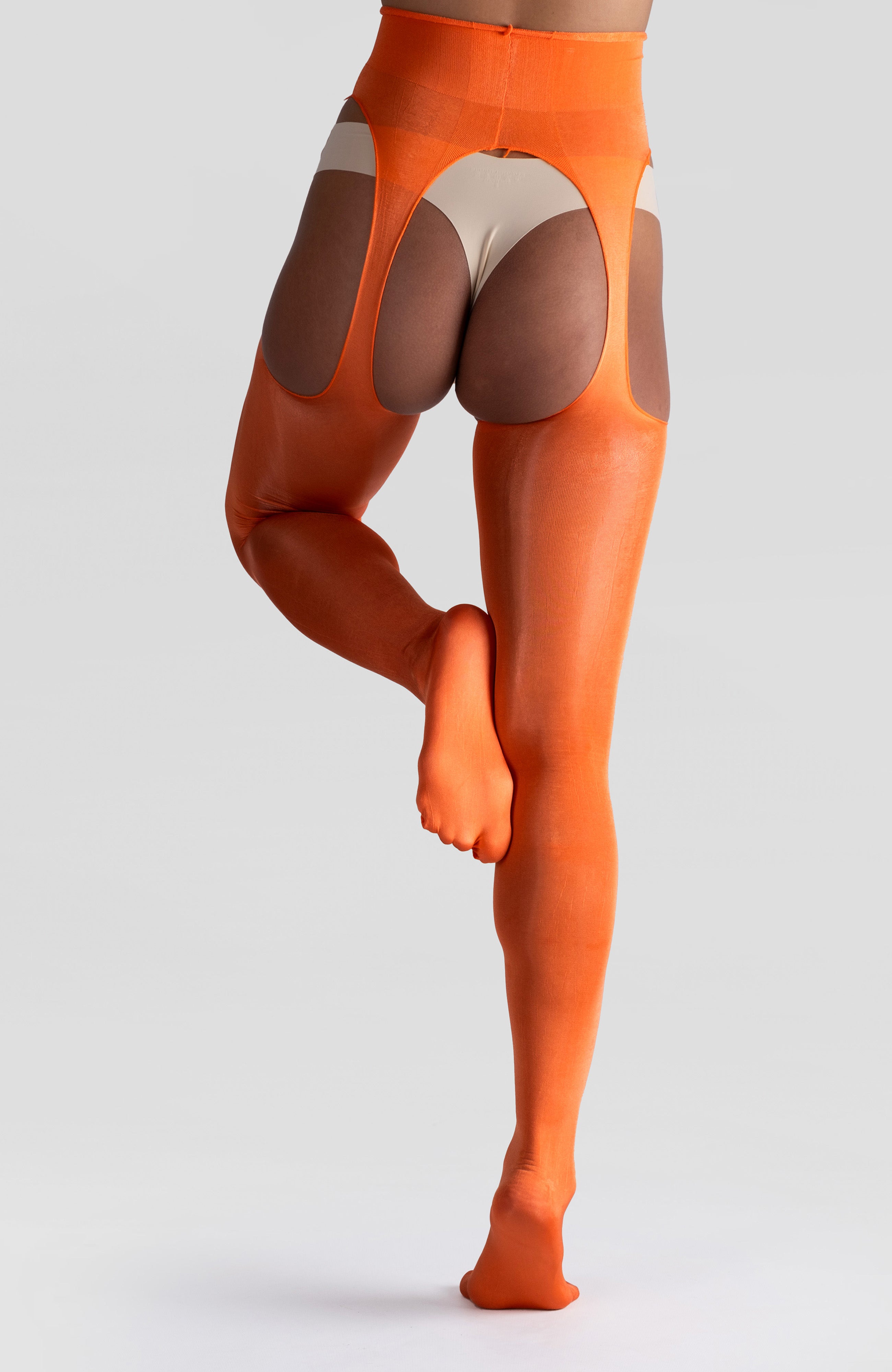 LECHERY® LUSTROUS SILKY SHINY SHEER SUSPENDER CROTCHLESS TIGHTS • ORANGE