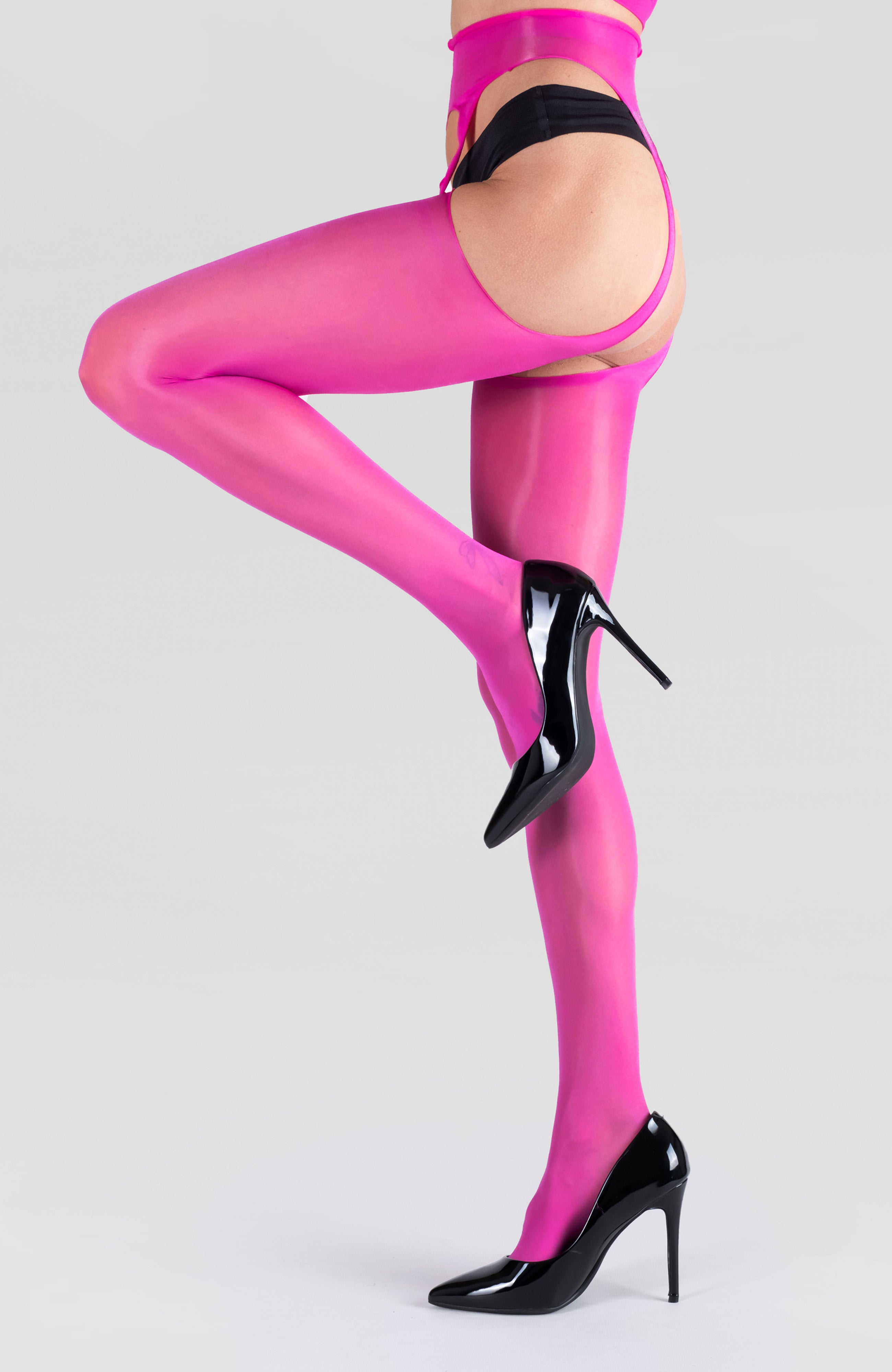 LECHERY® LUSTROUS SILKY SHINY SHEER SUSPENDER CROTCHLESS TIGHTS • PINK