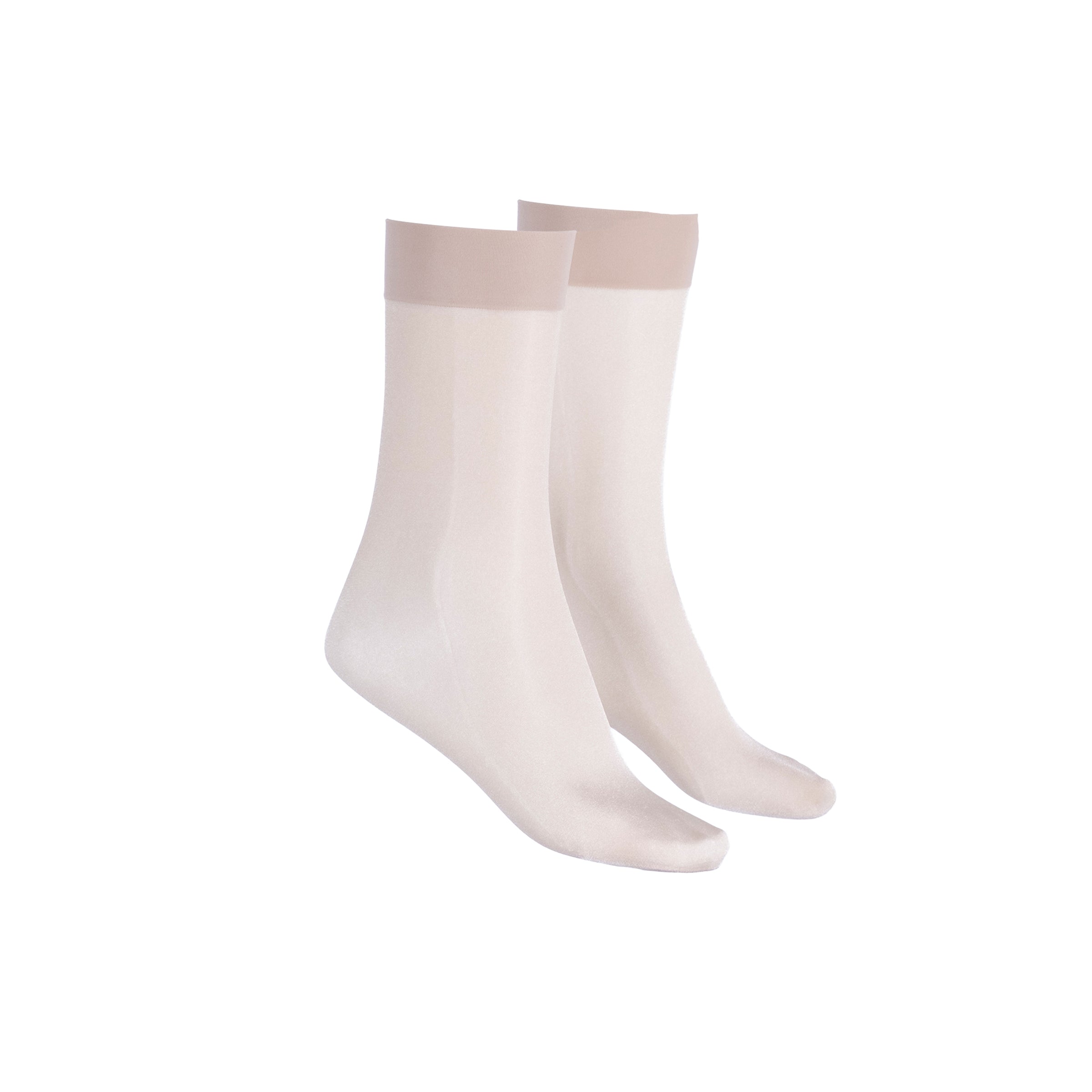 Pair of light pink socks with beige accents on a white background