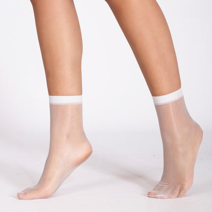 Transparent sheer socks with white tops worn by a person on a light gray background
